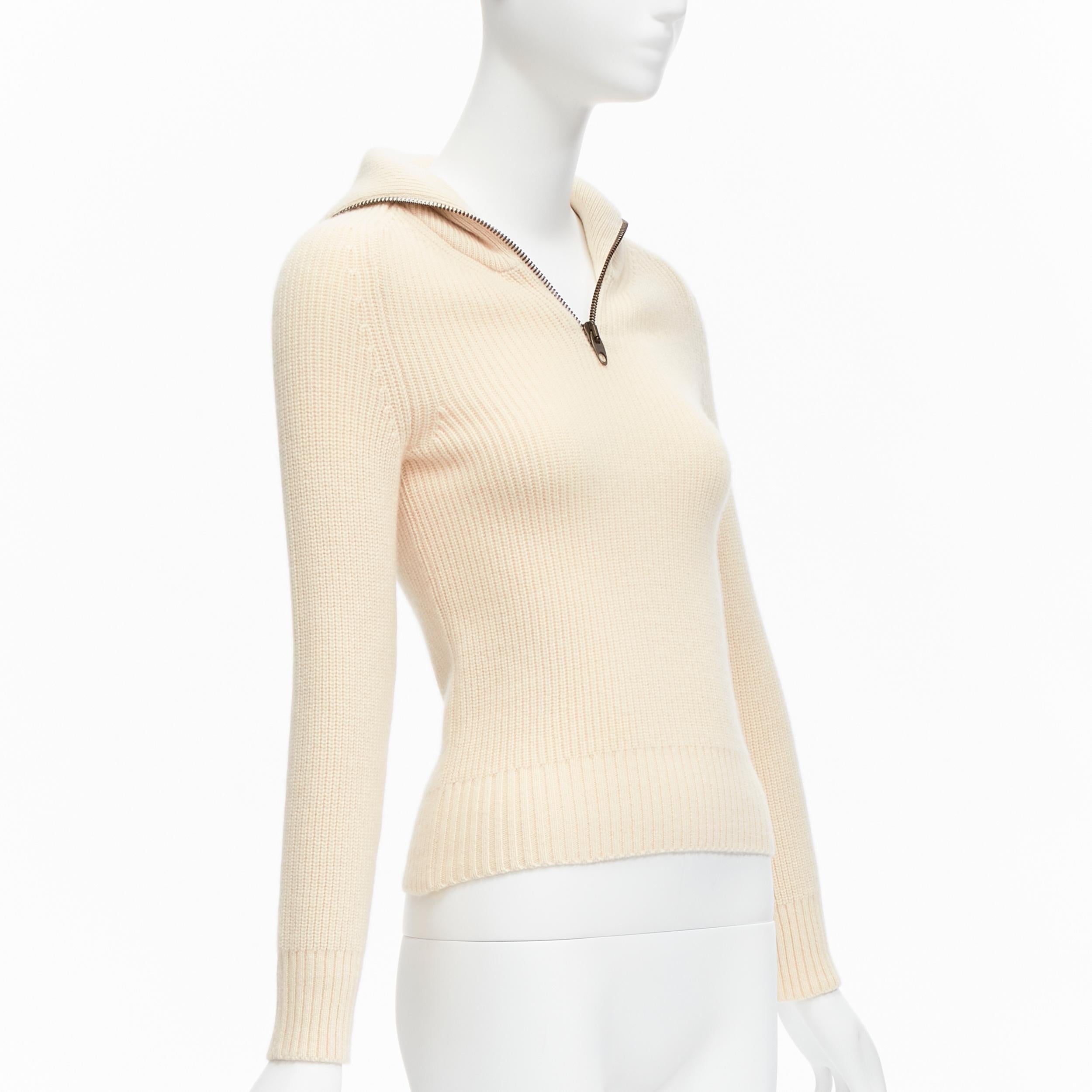 Beige PETAR PETROV 2022 100% cashmere cream zip sailor collar ribbed sweater FR34 XS For Sale