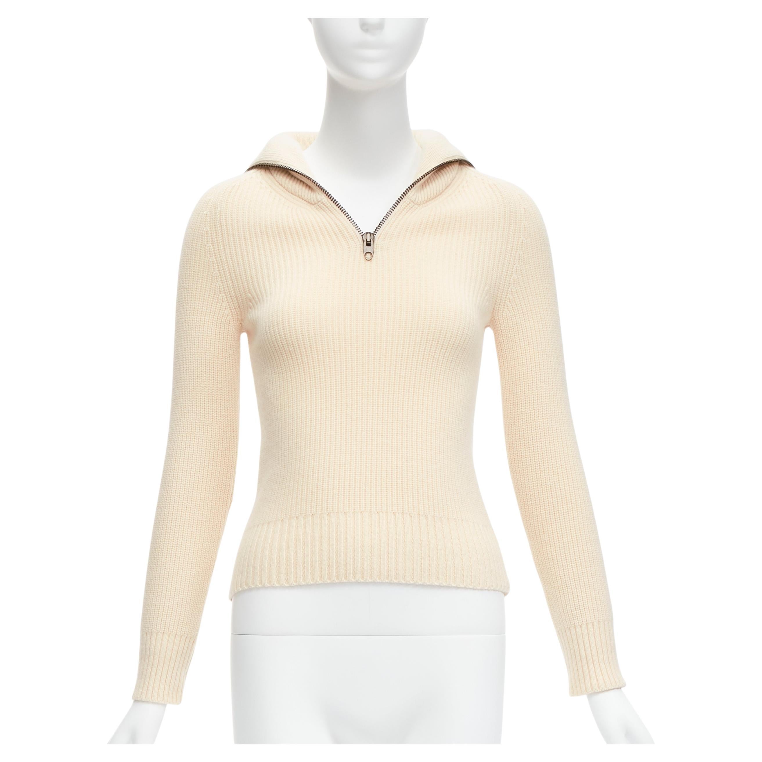 PETAR PETROV 2022 100% cashmere cream zip sailor collar ribbed sweater FR34 XS For Sale