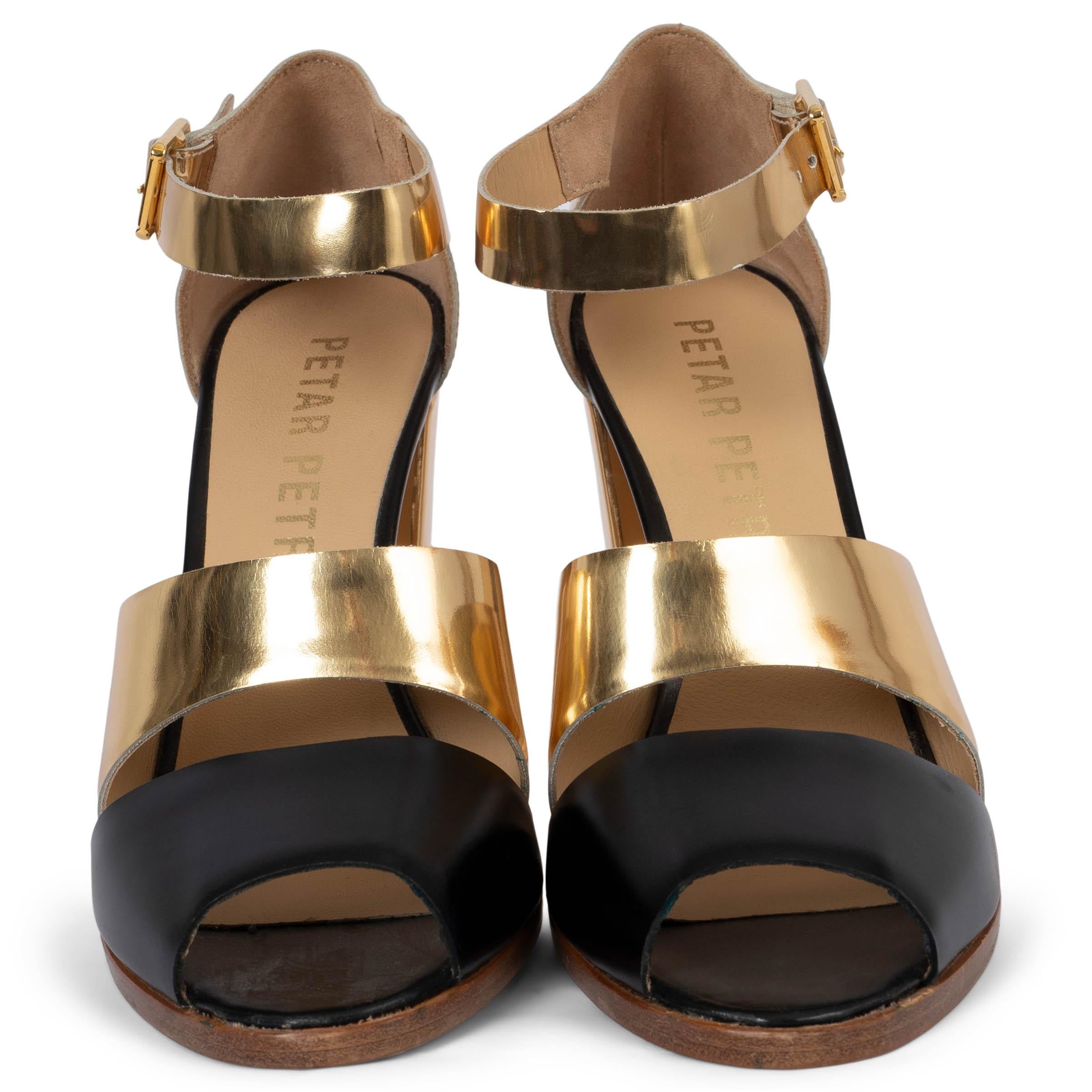 100% authentic Petar Petrov ankle-strap sandals in shiny gold-tone and black leather. Brand new. The right heels shows a faint scratch. 

Measurements
Imprinted Size	38
Shoe Size	38
Inside Sole	24.5cm (9.6in)
Width	7.5cm (2.9in)
Heel	11cm