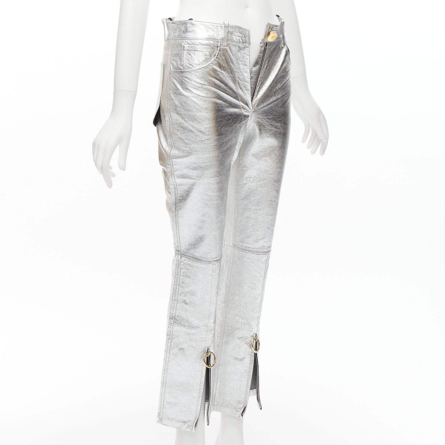Gray PETAR PETROV silver genuine leather gold ring zip moto pants FR36 S For Sale