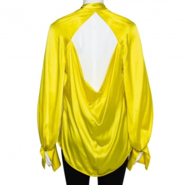 Petar Petrov Yellow Silk Satin Neck Tie Detail Draped Open Back Top S In Excellent Condition For Sale In Dubai, Al Qouz 2