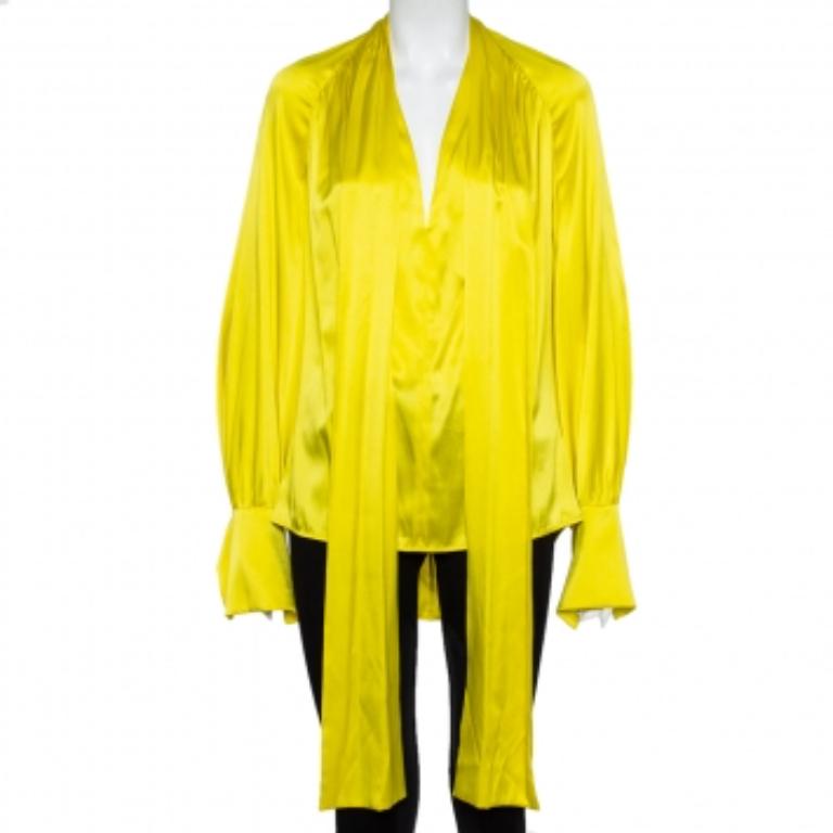 Women's Petar Petrov Yellow Silk Satin Neck Tie Detail Draped Open Back Top S For Sale