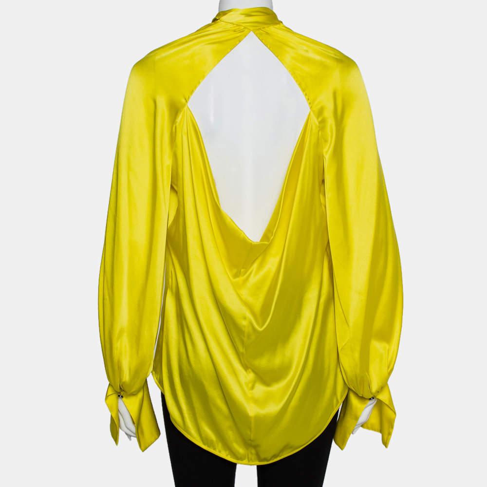 Women's Petar Petrov Yellow Silk Satin Neck Tie Detail Draped Open Back Top S For Sale