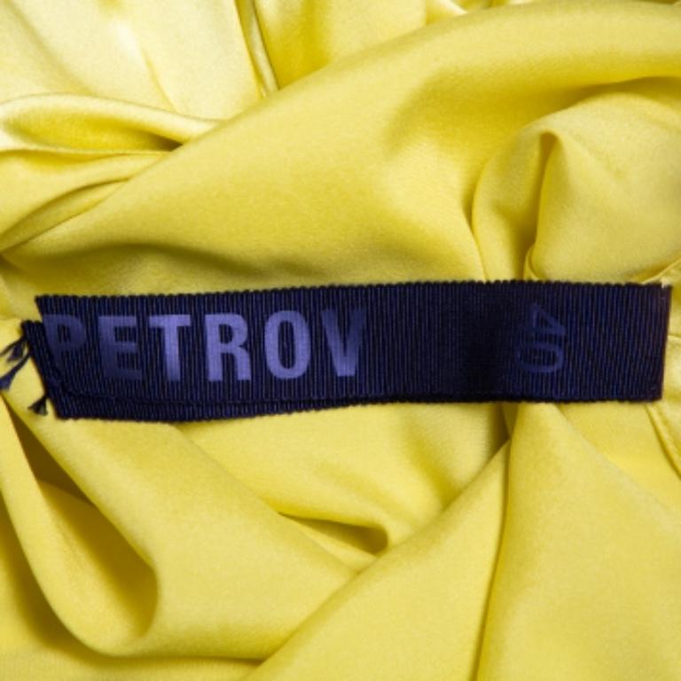 Petar Petrov Yellow Silk Satin Neck Tie Detail Draped Open Back Top S For Sale 1