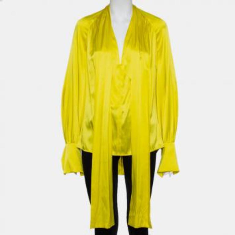 Petar Petrov Yellow Silk Satin Neck Tie Detail Draped Open Back Top S For Sale 4