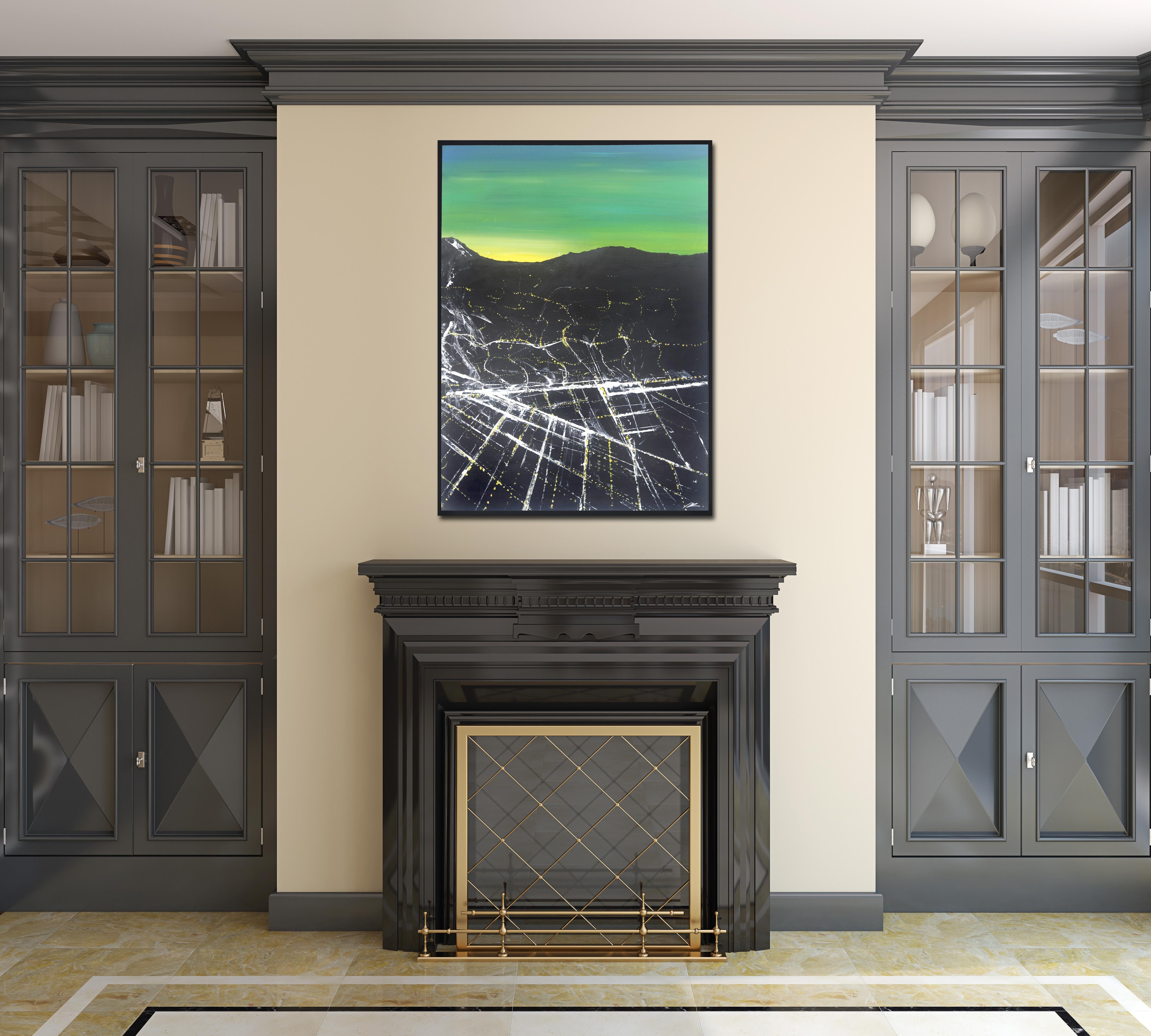 Bedford Sunset Aerial - Peinture de paysage urbain vibrant - Painting de Pete Kasprzak