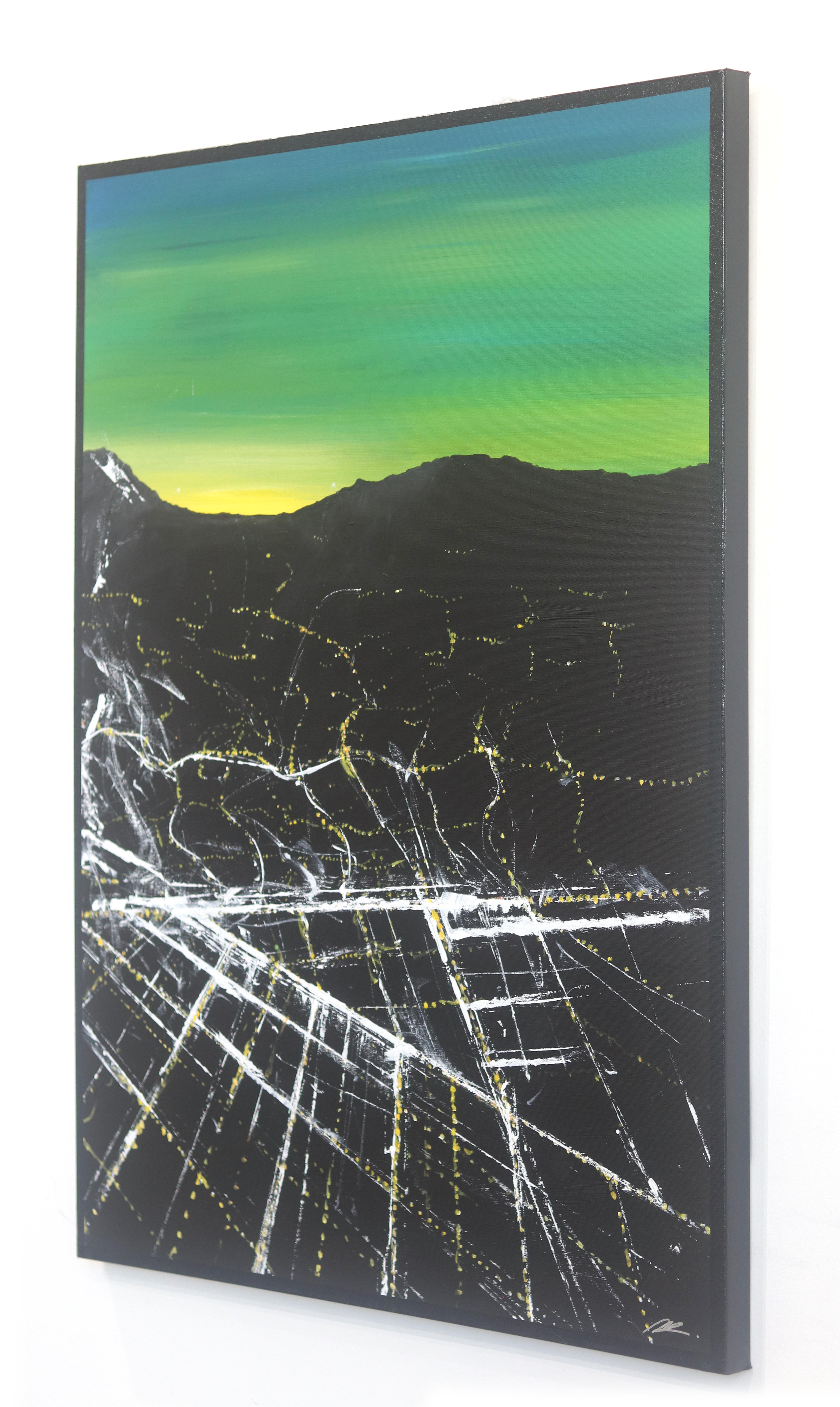 Bedford Sunset Aerial - Peinture de paysage urbain vibrant - Gris Abstract Painting par Pete Kasprzak