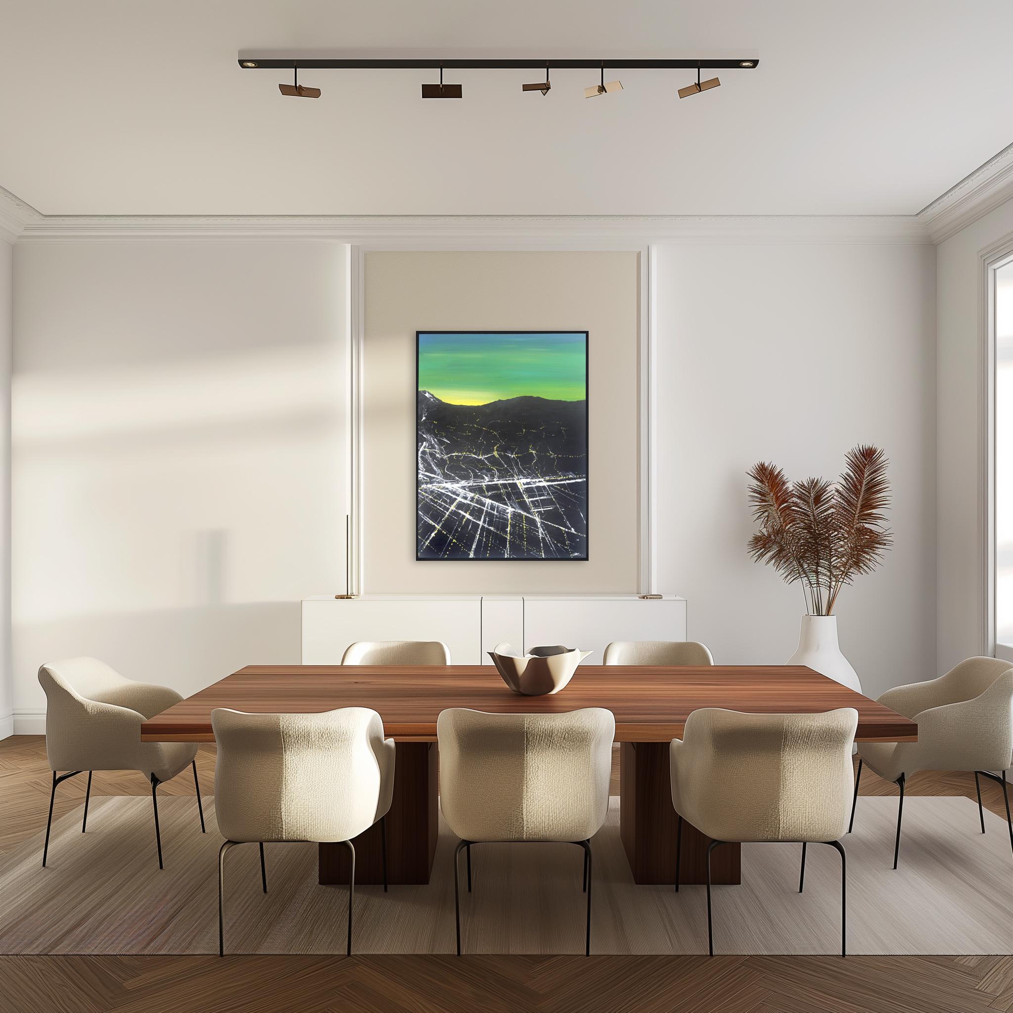 Bedford Sunset Aerial - Peinture de paysage urbain vibrant en vente 1