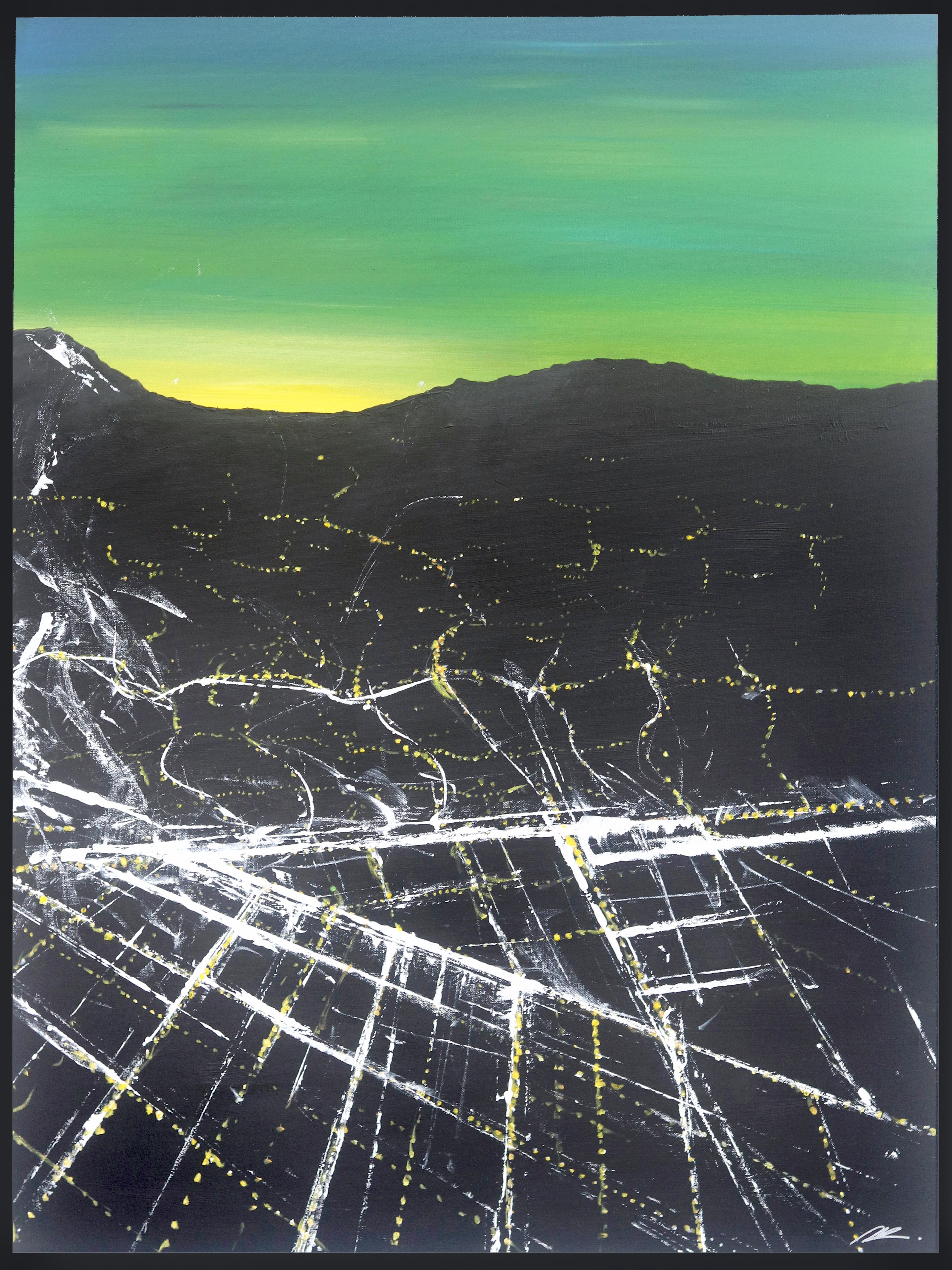 Abstract Painting Pete Kasprzak - Bedford Sunset Aerial - Peinture de paysage urbain vibrant