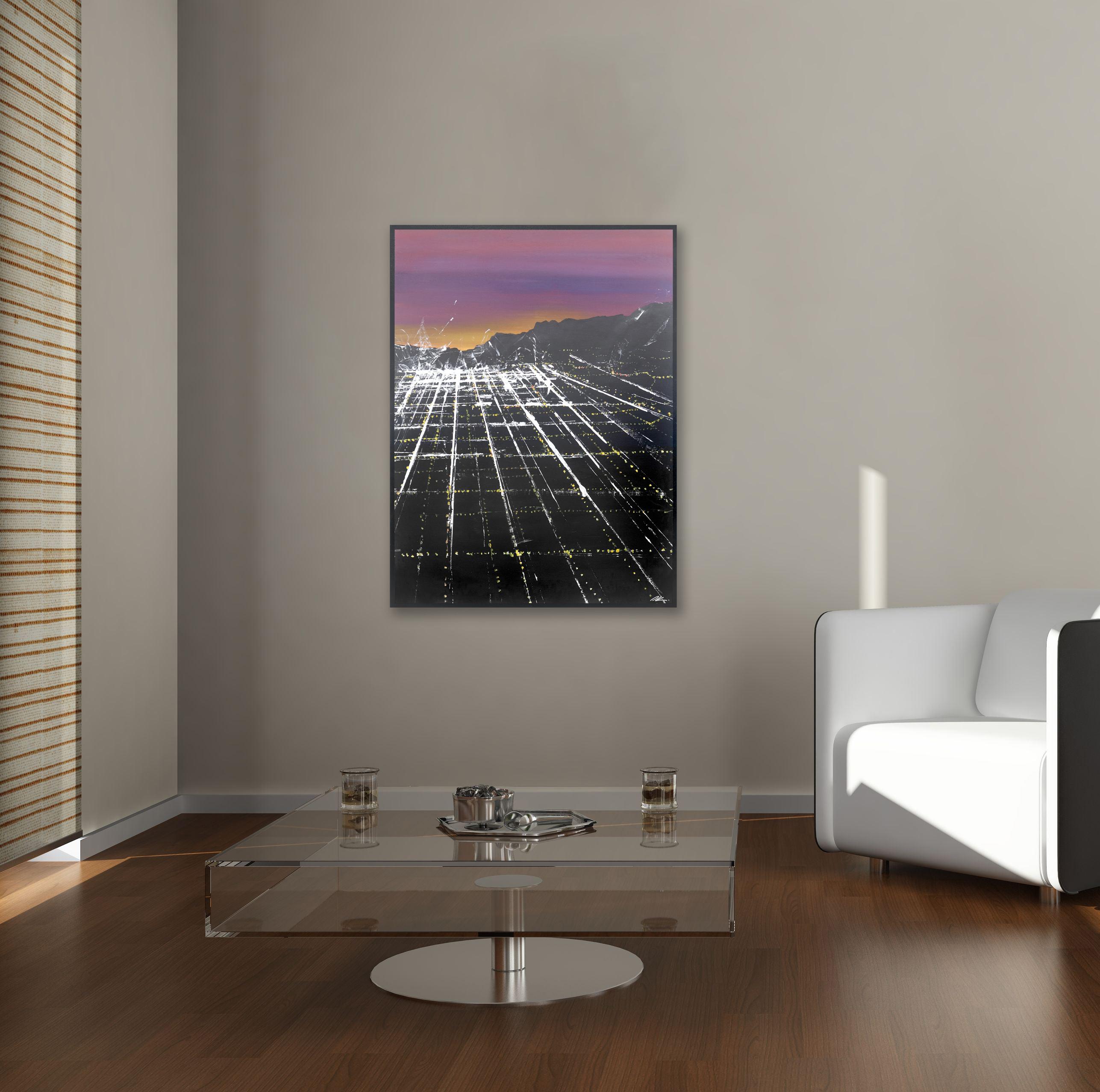 Aérienne Beverly Sunset  Peinture de paysage de ville - Painting de Pete Kasprzak