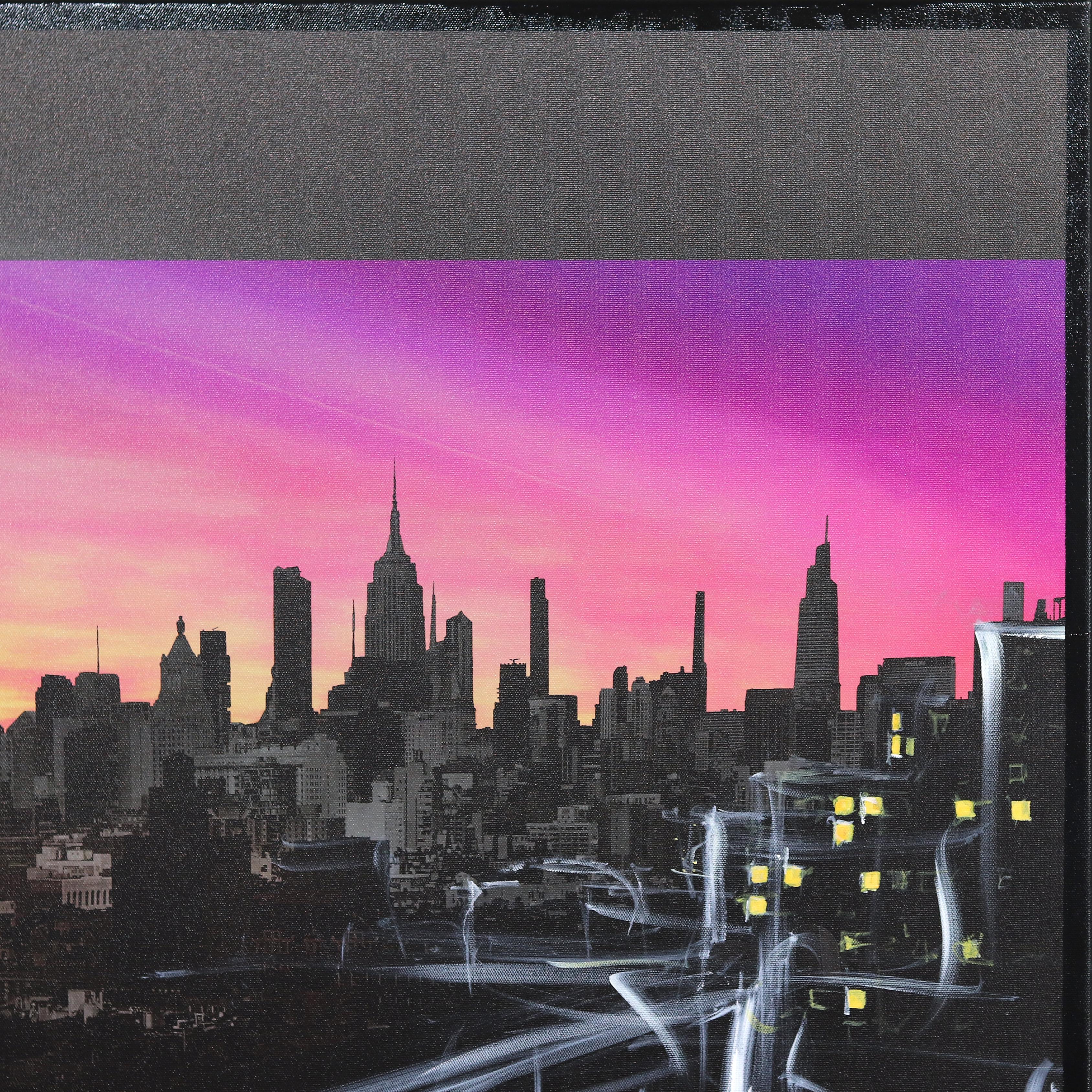 Aquarelle de nuit Empire State (NYC) - Peinture de paysage urbain vibrante - Contemporain Photograph par Pete Kasprzak