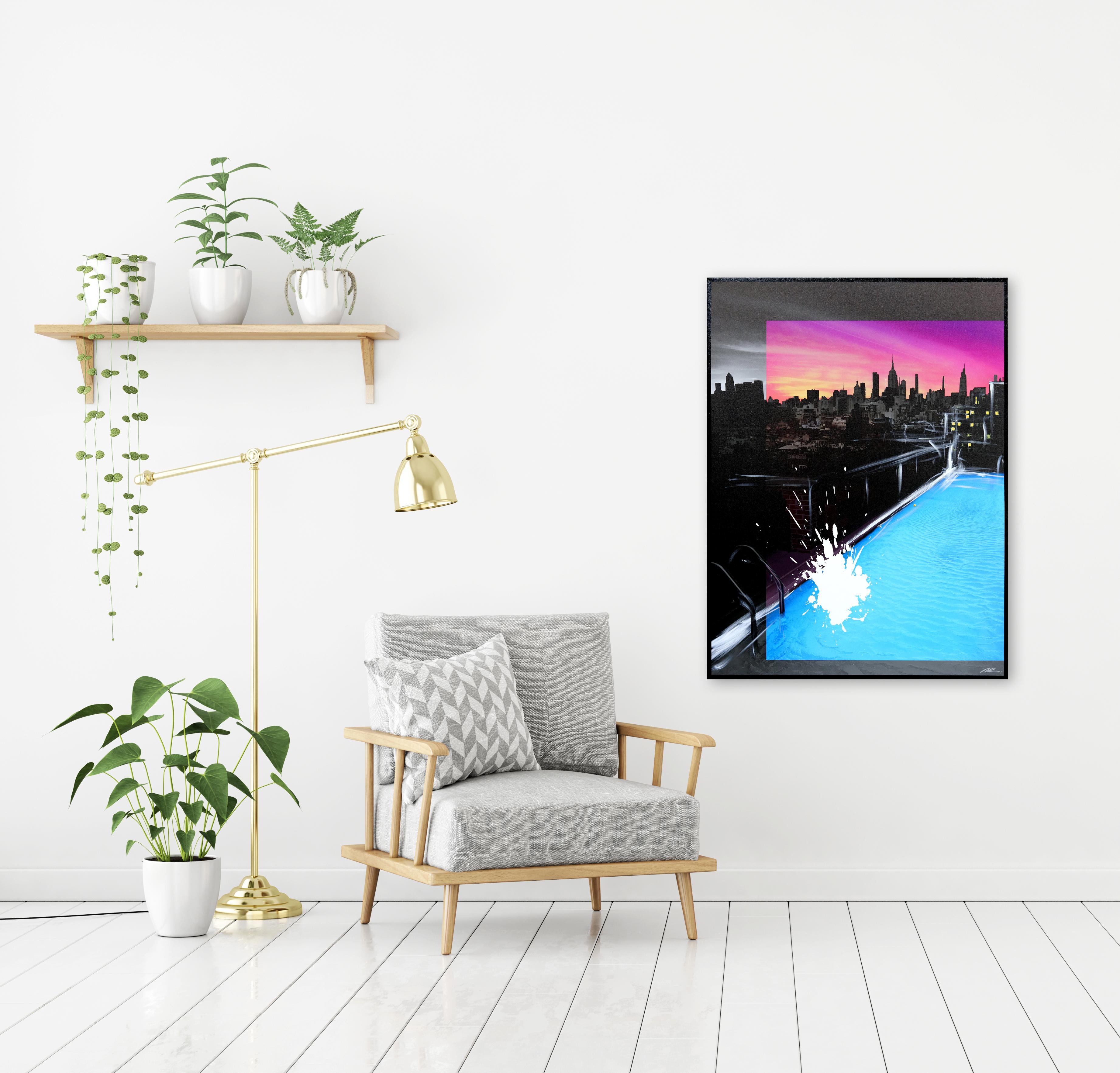 Aquarelle de nuit Empire State (NYC) - Peinture de paysage urbain vibrante en vente 1