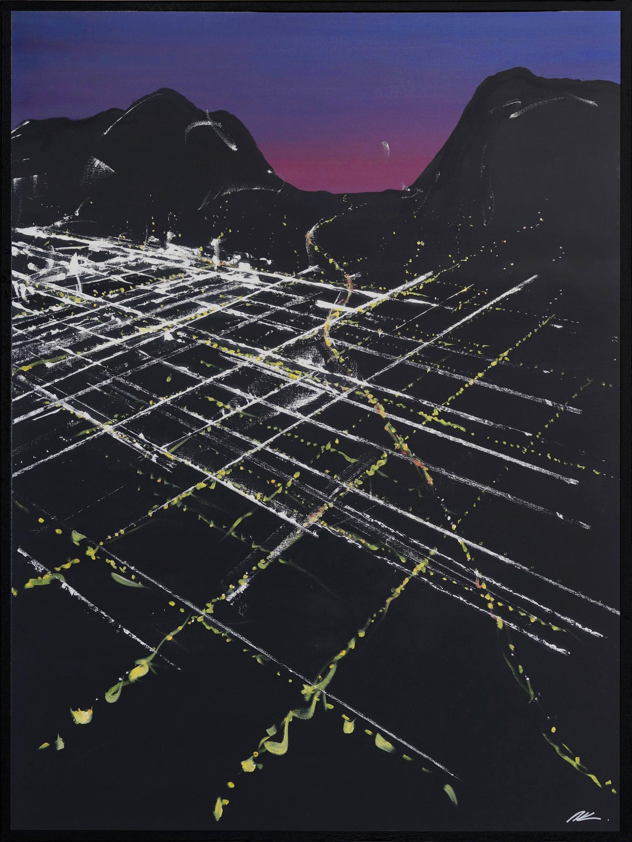 Gower-Sonnenuntergang-Aerialgemälde – Original Stadtansicht in der Nacht
