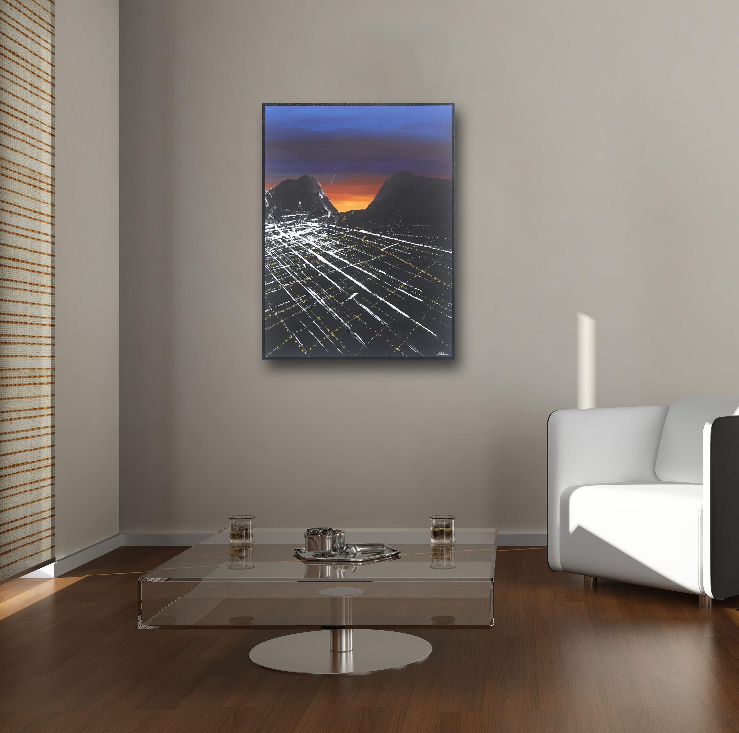 Aérienne Melrose Sunset  Peinture de paysage urbain - Painting de Pete Kasprzak