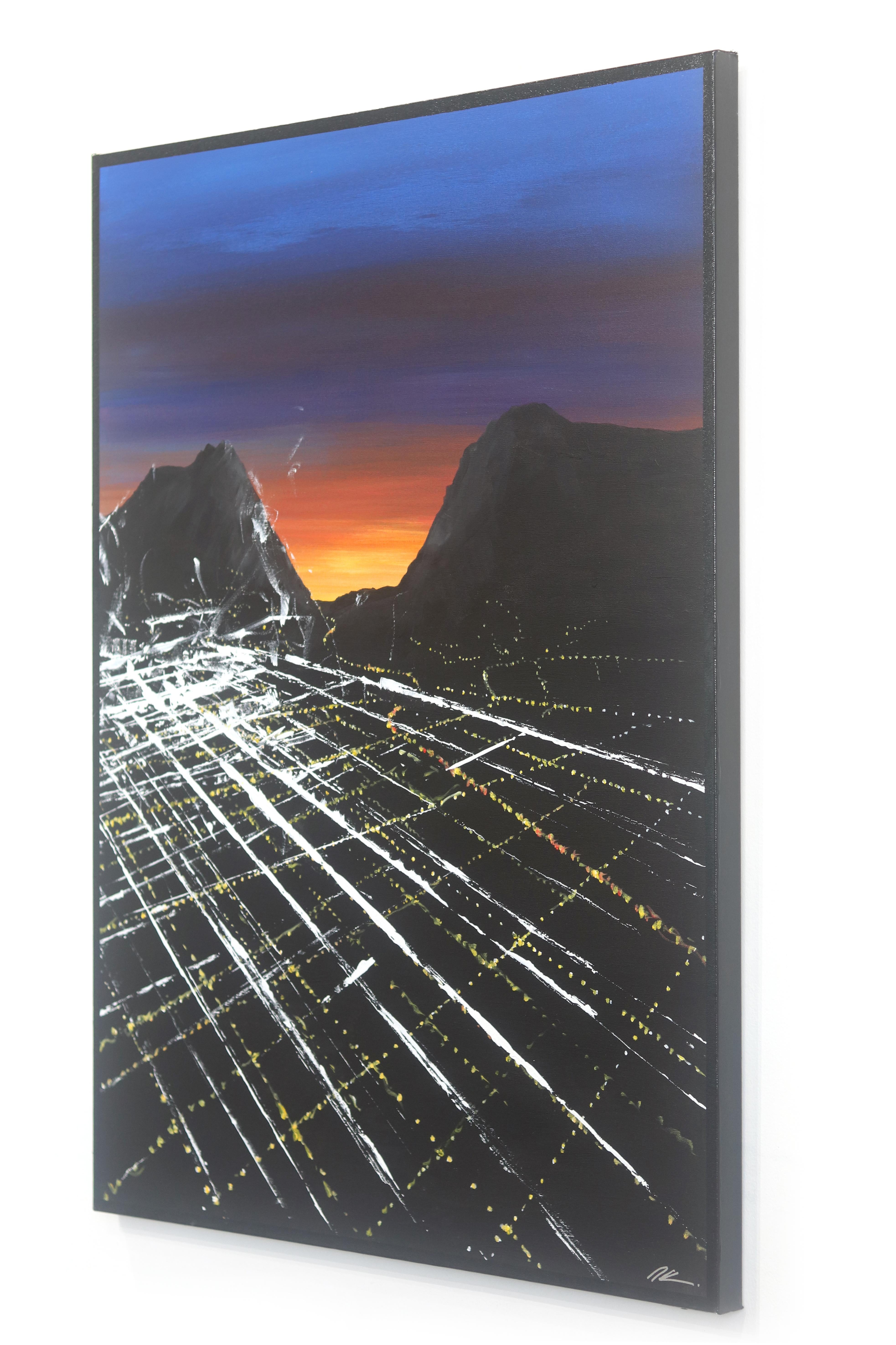 Aérienne Melrose Sunset  Peinture de paysage urbain - Noir Abstract Painting par Pete Kasprzak