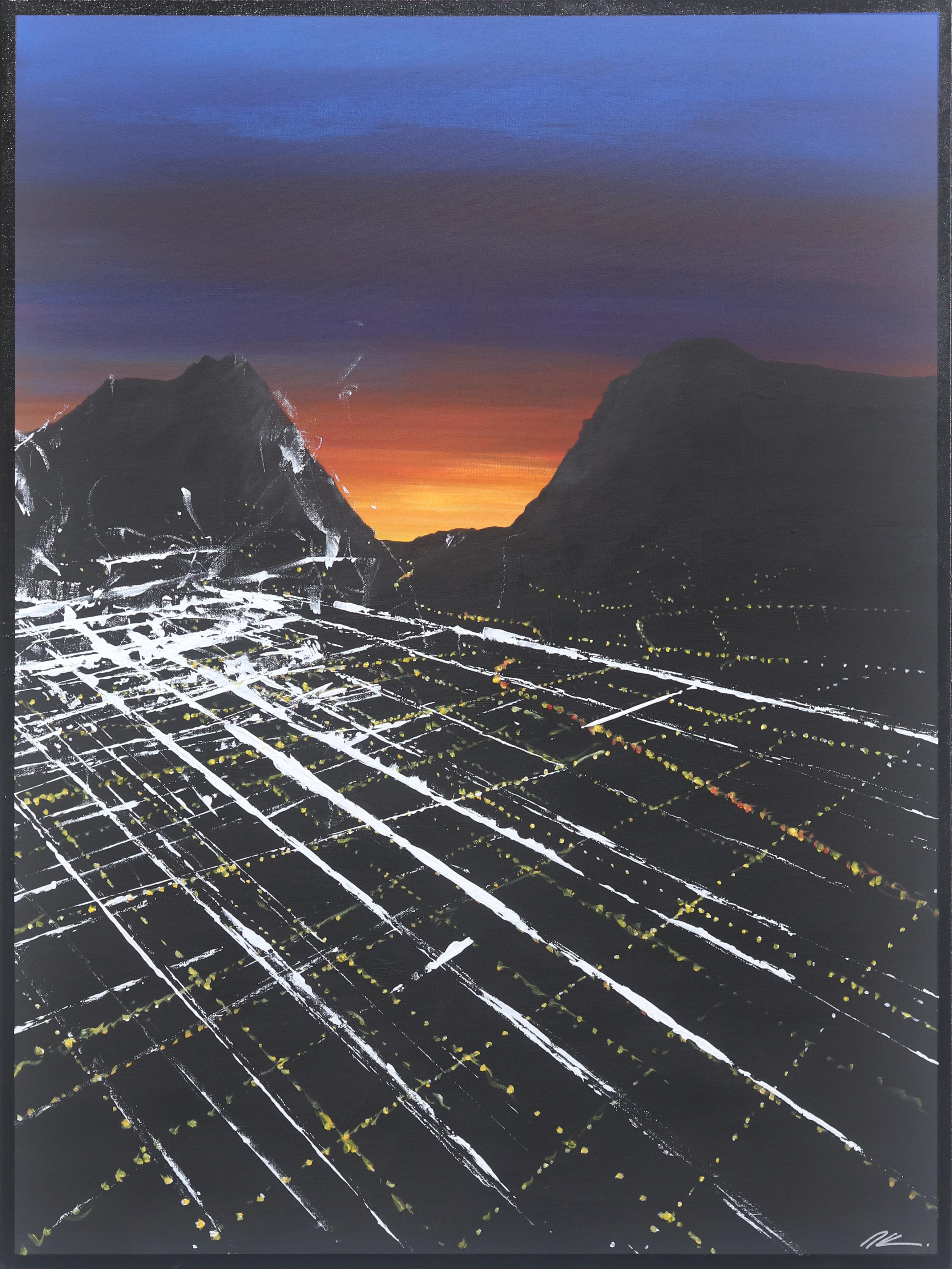 Abstract Painting Pete Kasprzak - Aérienne Melrose Sunset  Peinture de paysage urbain