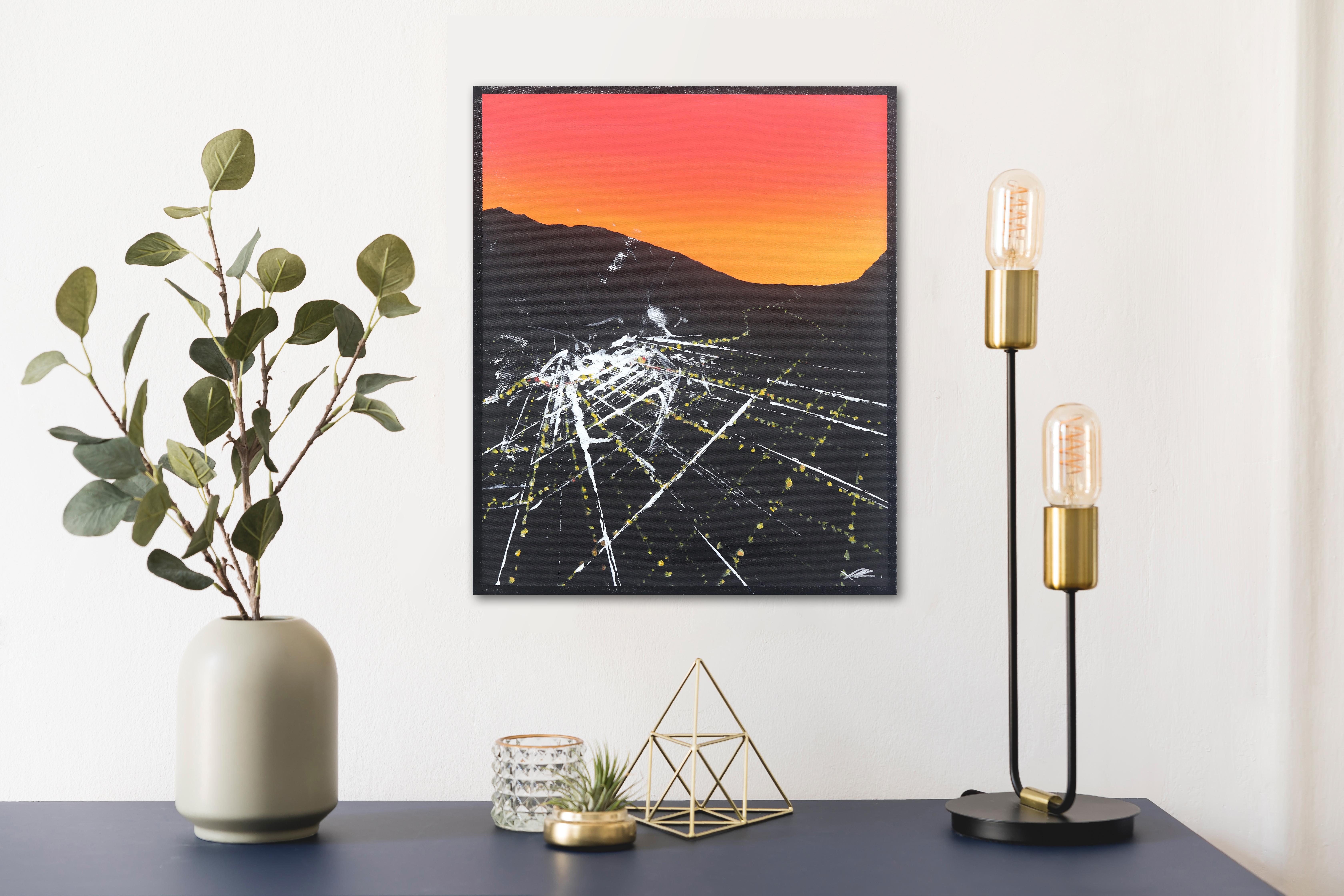 Olive Sunset Aerial - Urban Vibrant Landscape Painting For Sale 1