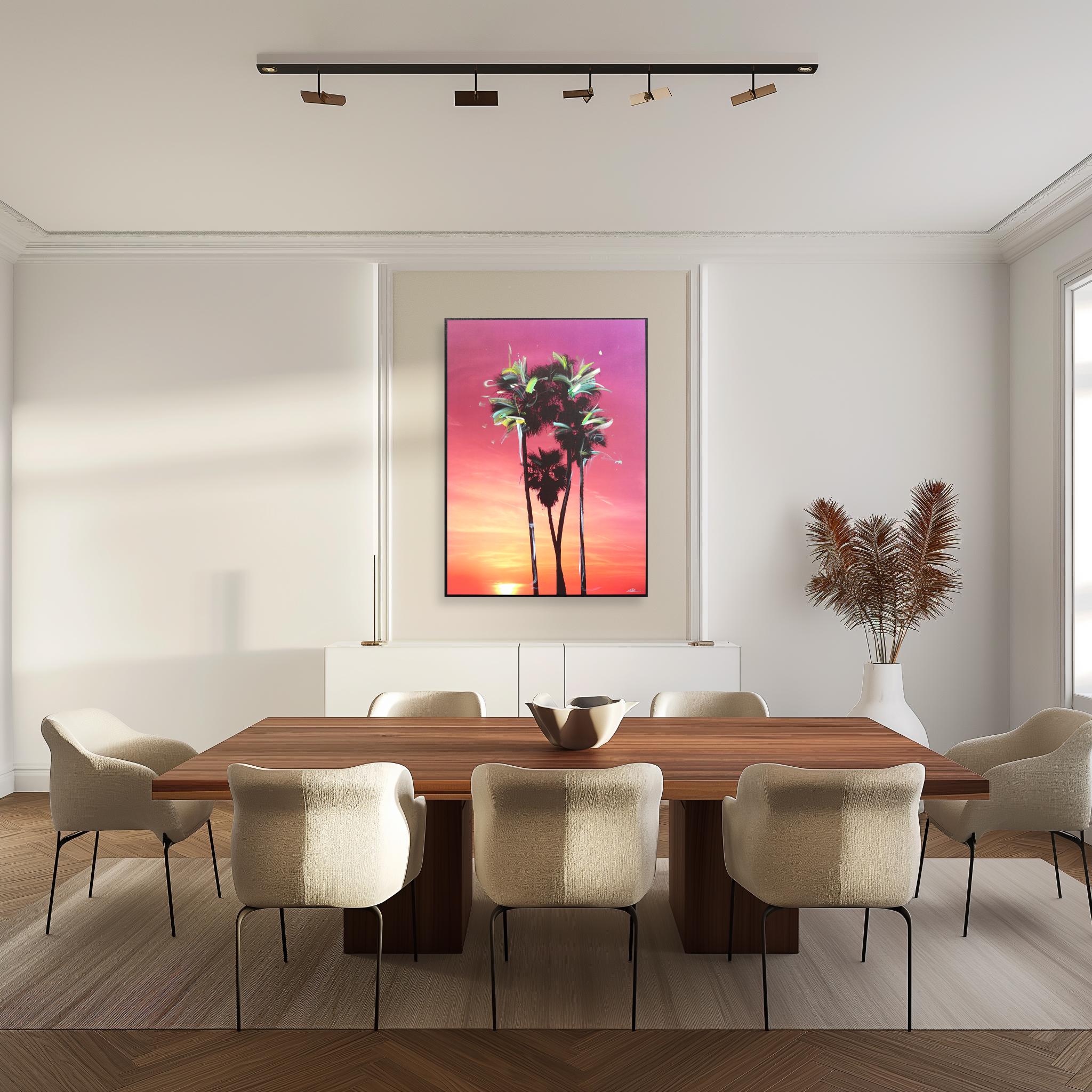 Palms 2-Dusktime in L.A. - Grande peinture de paysage aux couleurs vives du coucher de soleil en vente 1