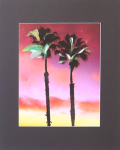 Palmeras Redondo II - Pintura Paisaje Atardecer Rosa Amarillo Vibrante