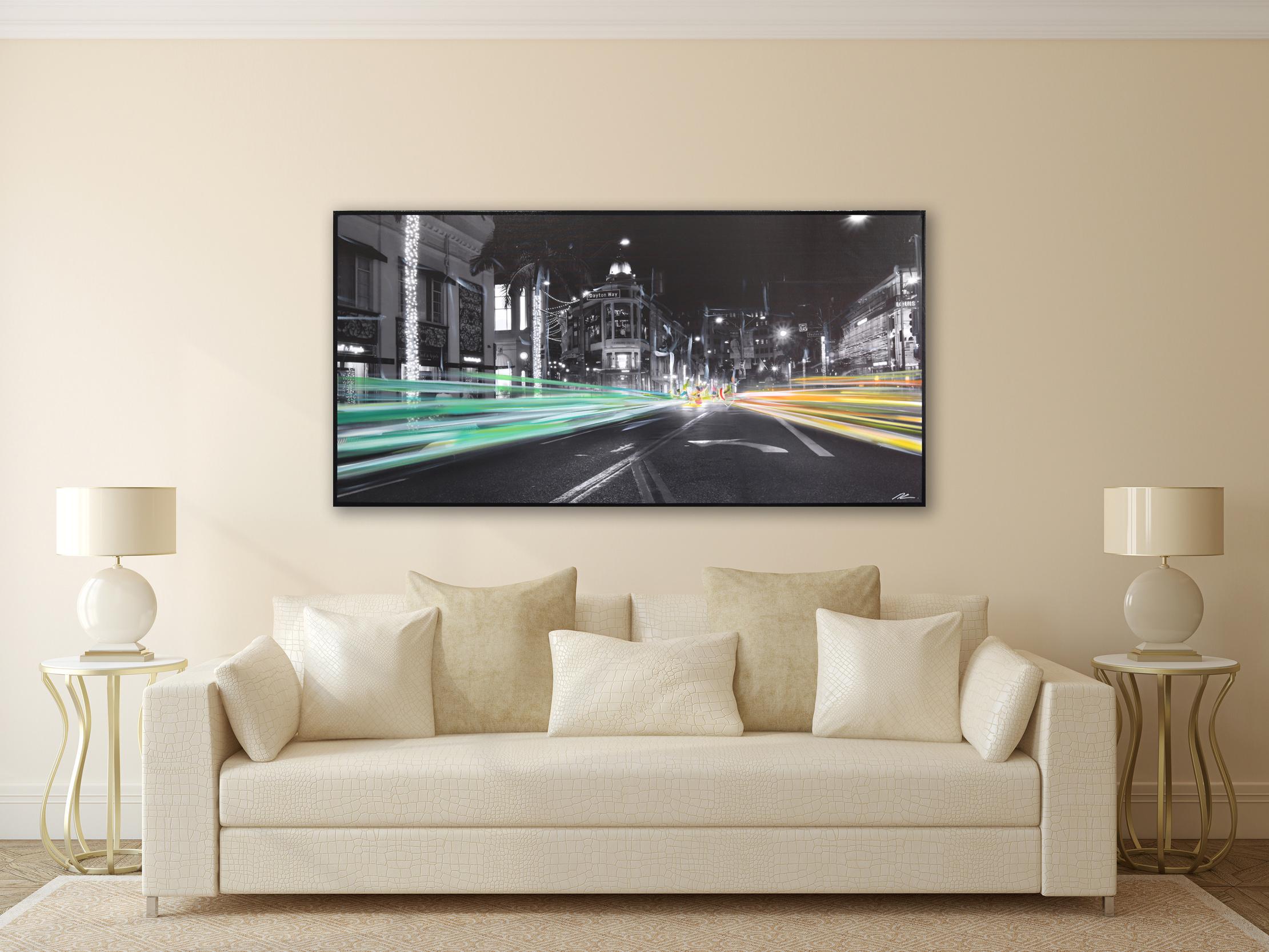 Rodeo Dr. Early Nights - Large Urban Landscape Photography Painting - Black Landscape Painting by Pete Kasprzak