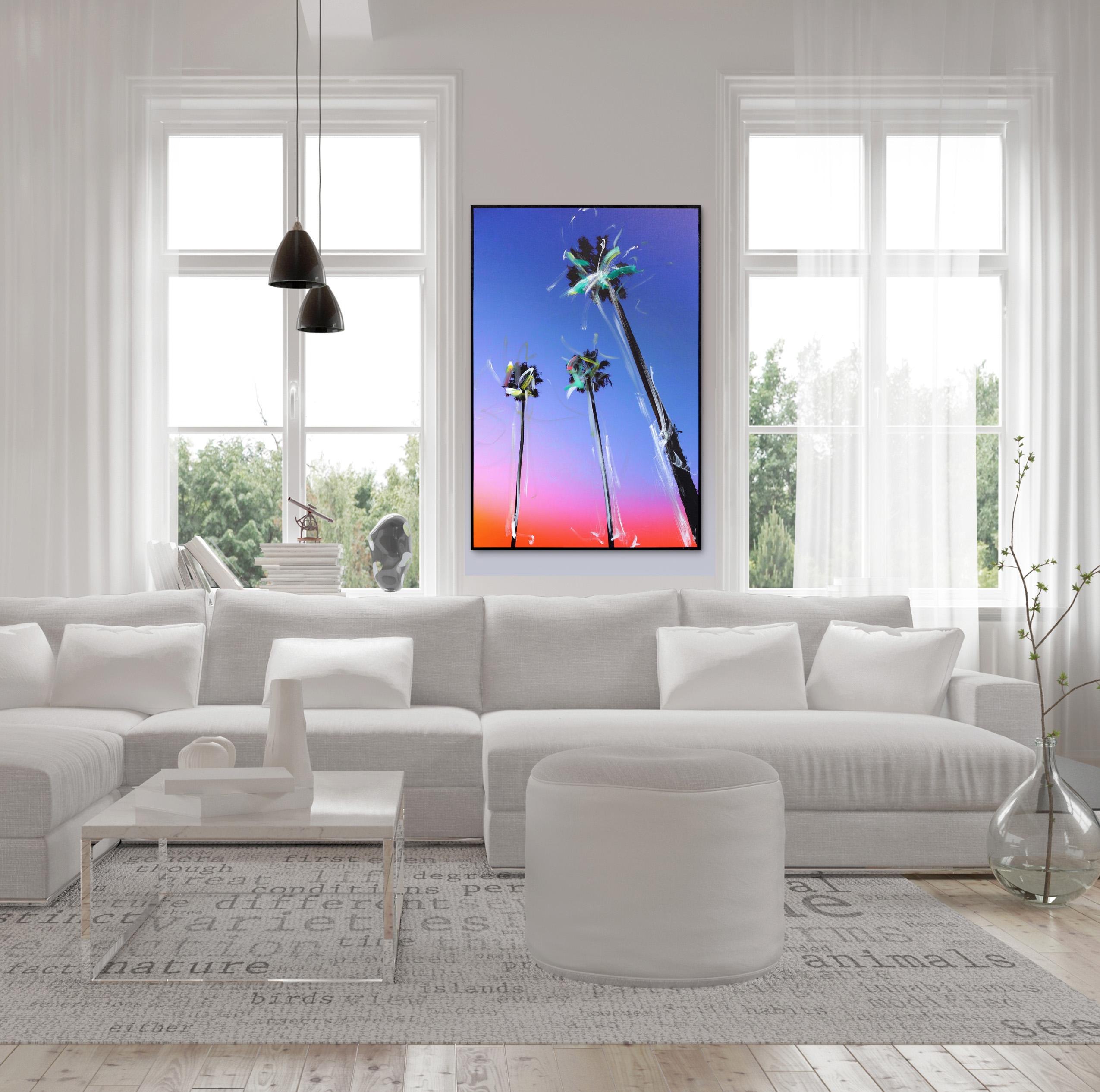 Santa Barbara 3 Palms - Peinture originale au coucher du soleil en couleurs Tropical Mixed Media en vente 3