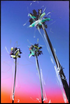 Santa Barbara 3 Palmen – Originales – farbenfrohes, tropisches Gemälde mit gemischten Medien, Sonnenuntergang