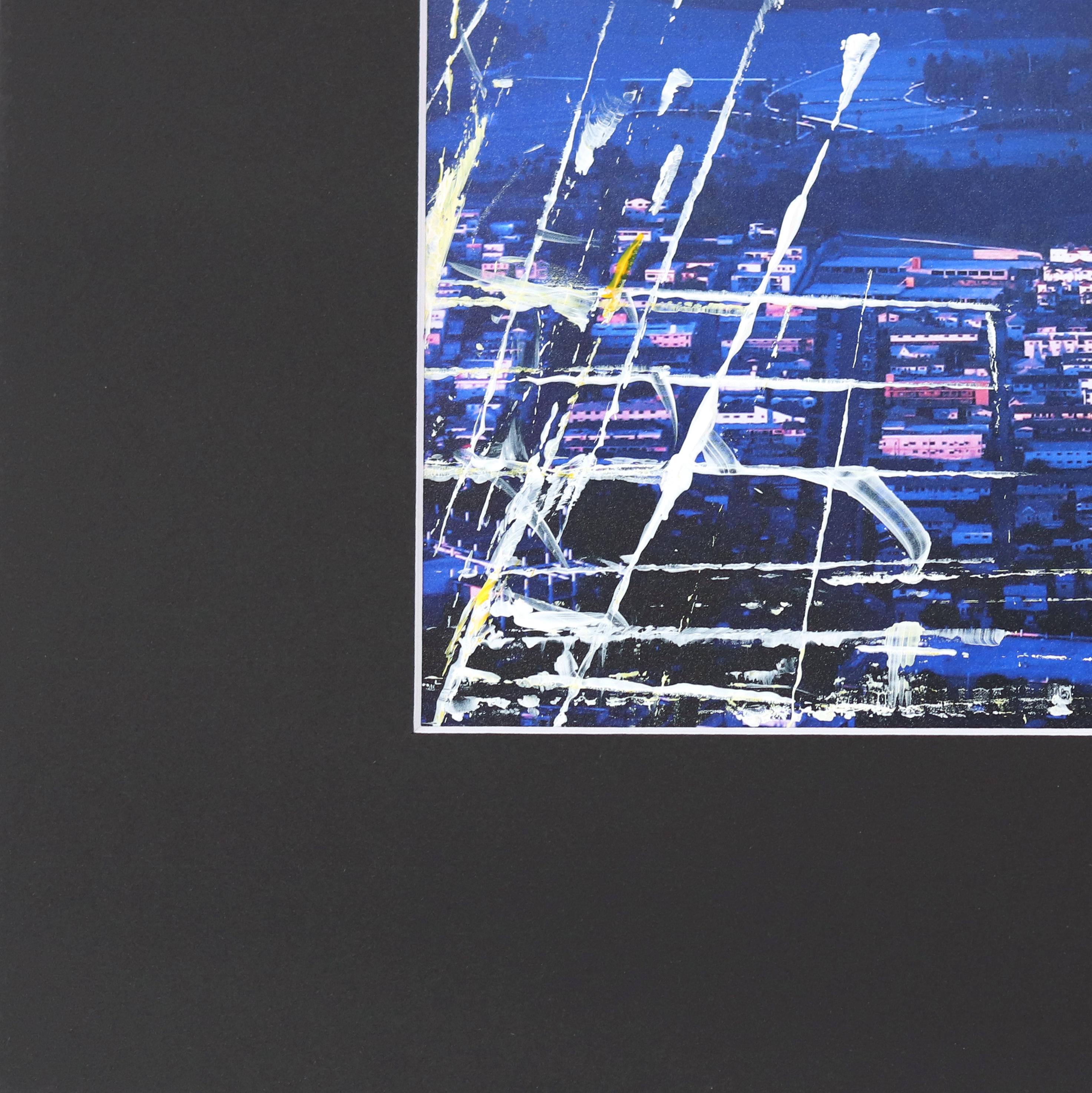 Dodger Stadium from the Sky (Blue) - Landscape Photography Painting Art on Paper - Contemporary Mixed Media Art by Pete Kasprzak