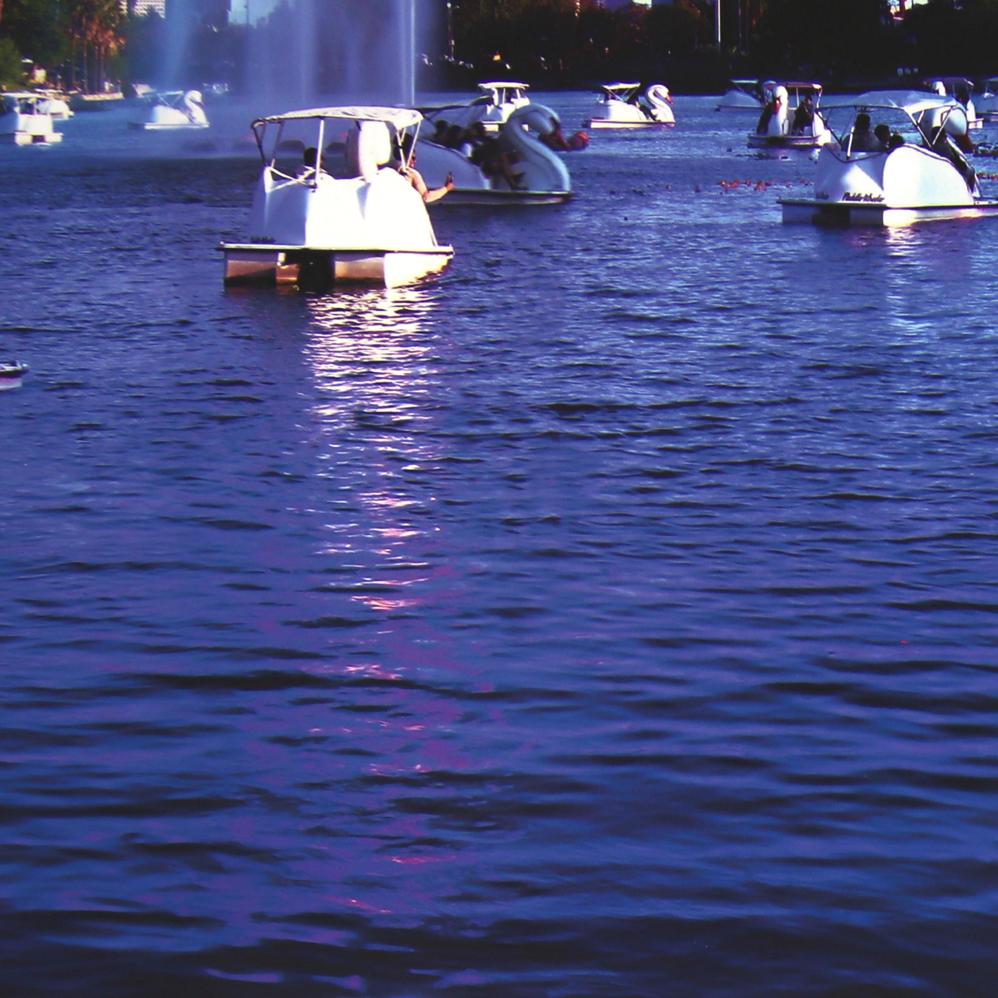 Echo Park Swans - Vibrant Blue Landscape Photography Painting Art on Paper For Sale 1