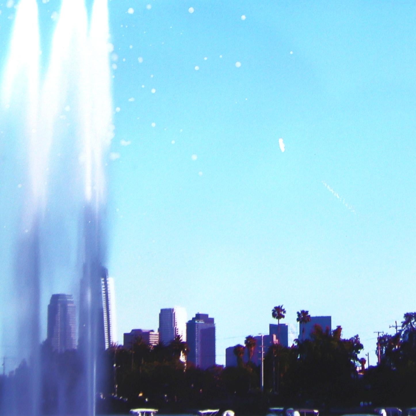 Echo Park Swans - Vibrant Blue Landscape Photography Painting Art on Paper For Sale 3