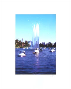 Echo Park Swans - Peinture de paysage bleu vif sur papier