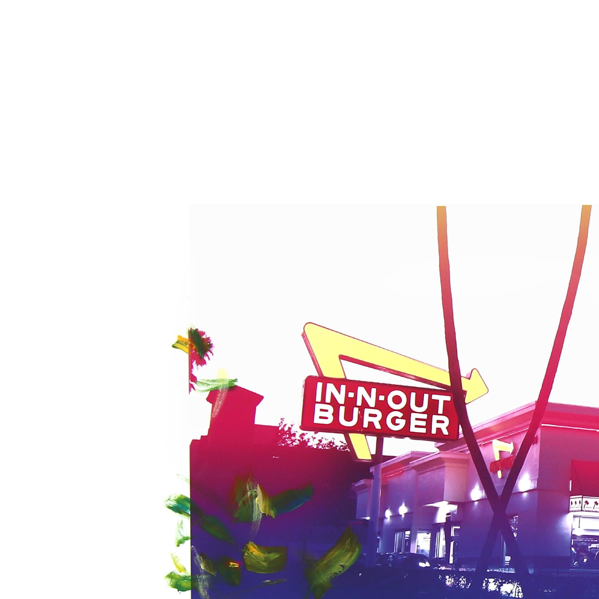 In 'N Out - Urban Purple Pink Restaurant Photographie Peinture Art sur papier - Violet Landscape Painting par Pete Kasprzak