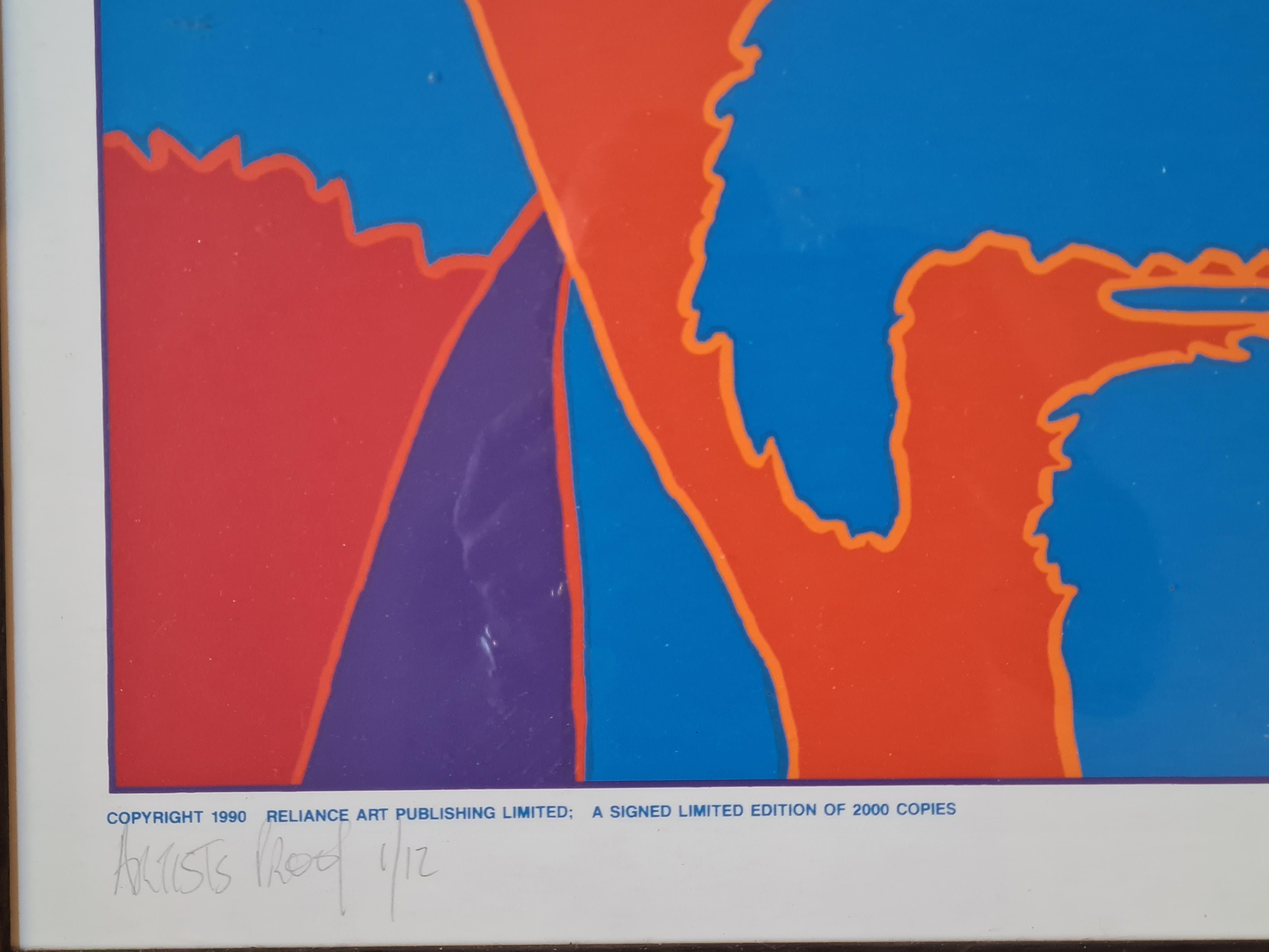 Ein Pop-Art-Lithographie-Poster von Frank Zappa, Künstlerabzug, signierte limitierte Auflage des englischen Künstlers Pete Marsh. Das Werk ist vom Künstler mit Bleistift signiert, datiert, annotiert und nummeriert. Präsentiert in einem schlichten