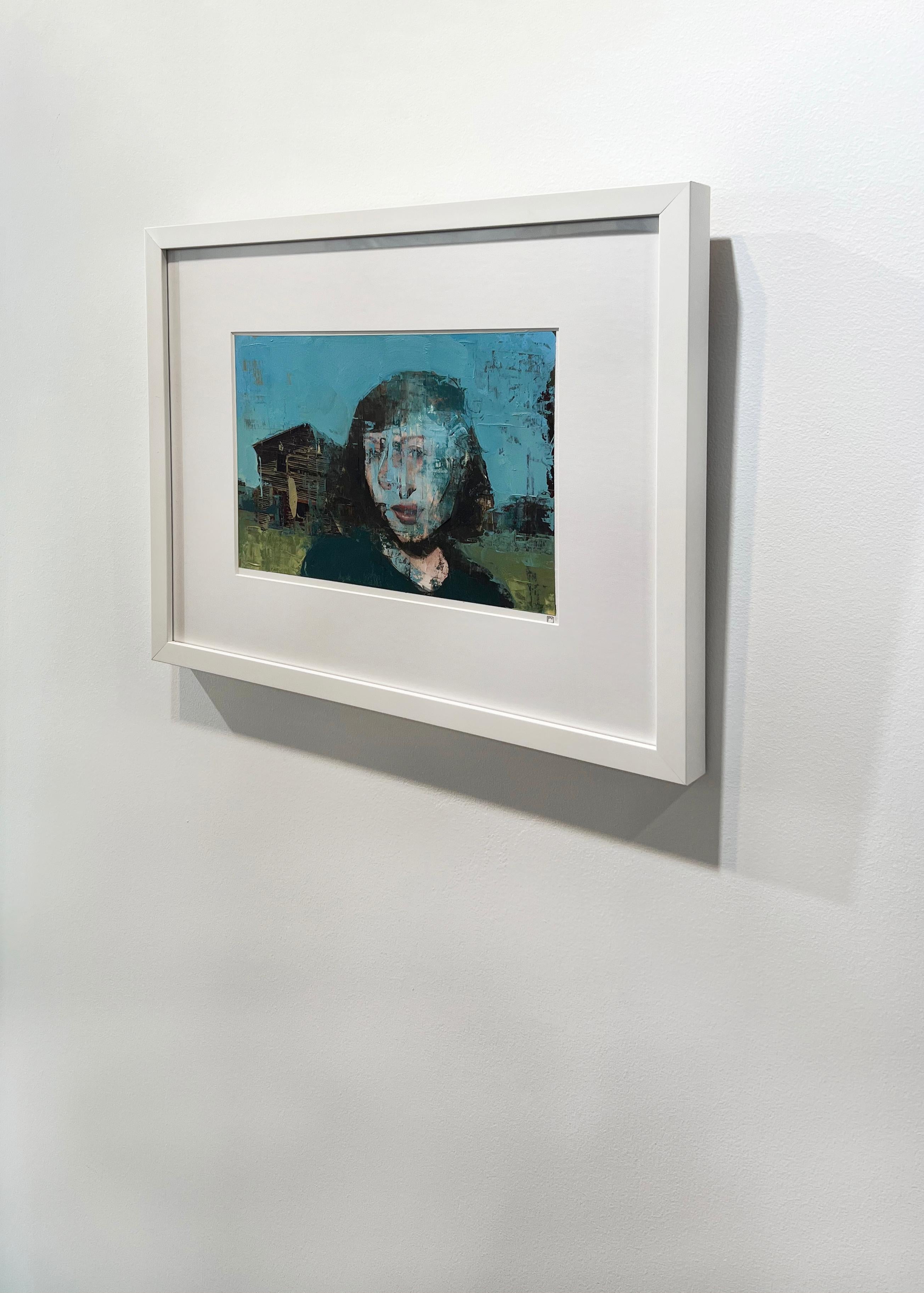 Questo quadro figurato astratto di Pete Sack raffigura il volto e le spalle di una donna. Due diverse vedute del suo volto realistico sono sovrapposte, con strati di vernice blu che fondono lo sfondo blu brillante con il primo piano. Una struttura