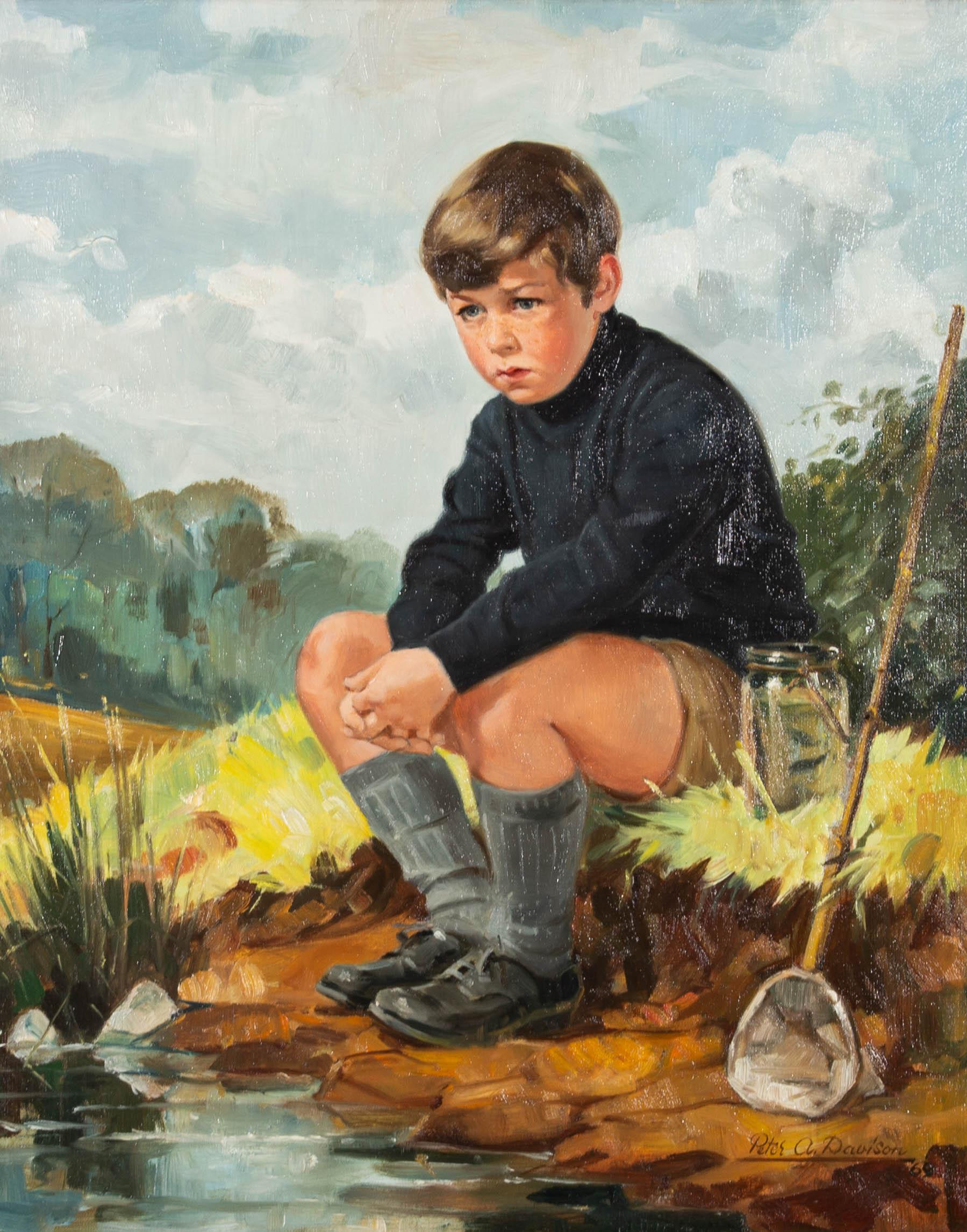 This charming scene depicts a young boy sat by a pond. With his pond dipping equipment at his side, the boy looks slightly disheartened by his catch. The artist has paid particular attention to the boy's expression, capturing the fine details of his