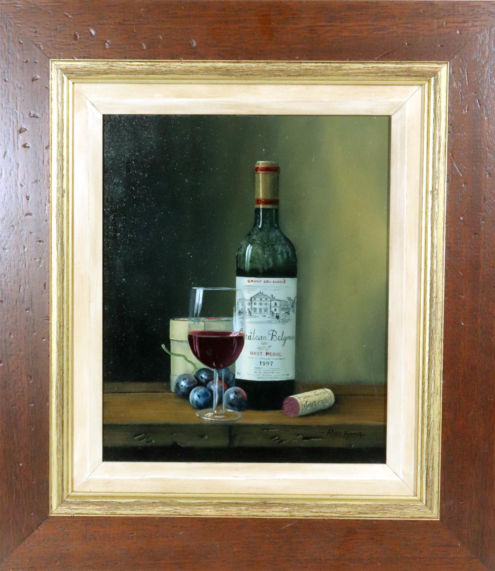 Peter A. Kotka, Stiil Life with Bottle of 1997 Chateau Belgrave Grand Cru Classe, Glass & Cheese
Oil on Linen Panel,
Signed lower right.

The Framed trompe l'oeil still life of a dusty bottle of wine, a half-empty wine glass and a small bunch of