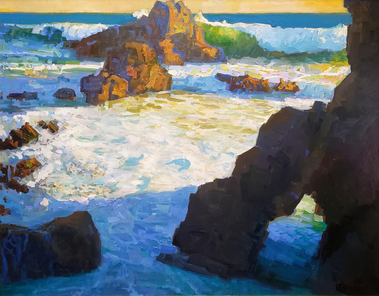 Mousse d'après-midi et surf ; plage d'El Matador, Malibu - Impressionnisme Painting par Peter Adams