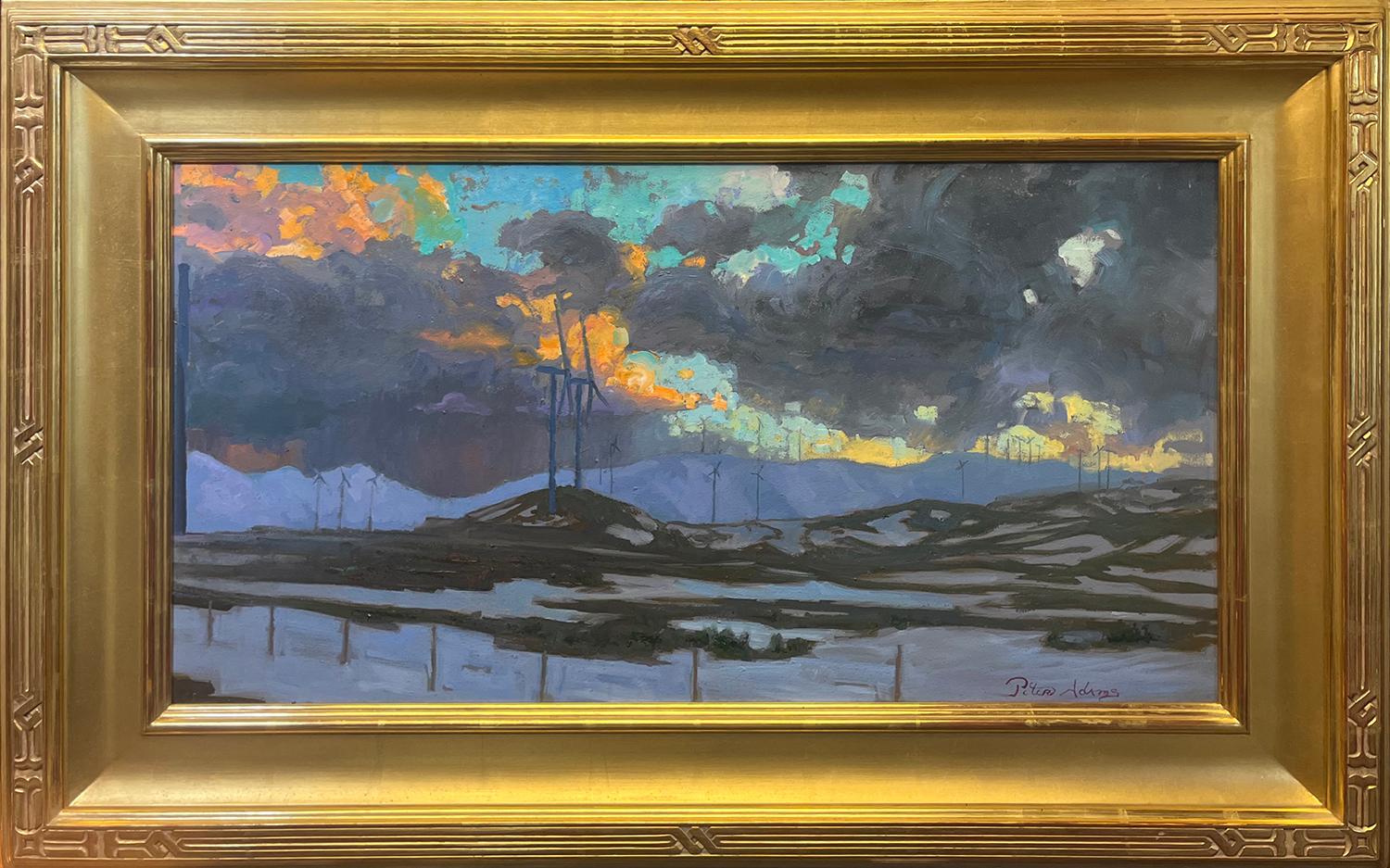 Peter Adams Landscape Painting – Gebrehter Sturm über der Windfarm; Tehachapi, Kalifornien