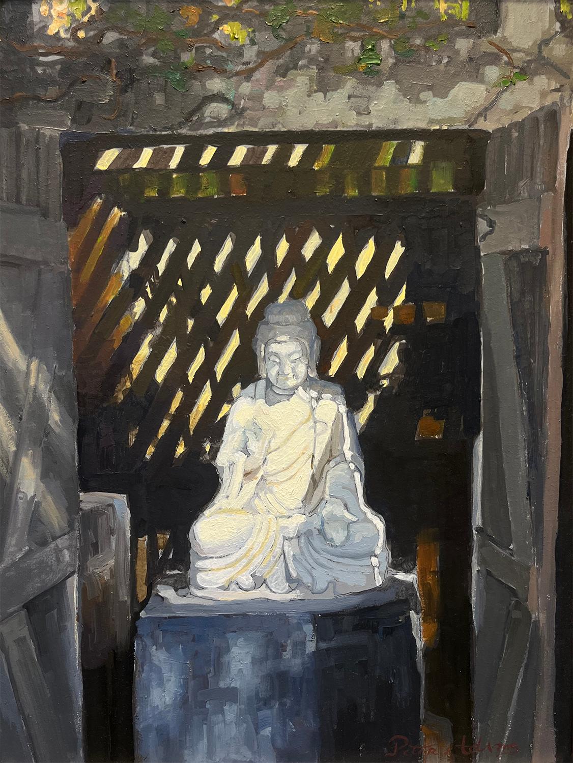 Buddha Revealed; Huntington Gardens - Realist Painting by Peter Adams