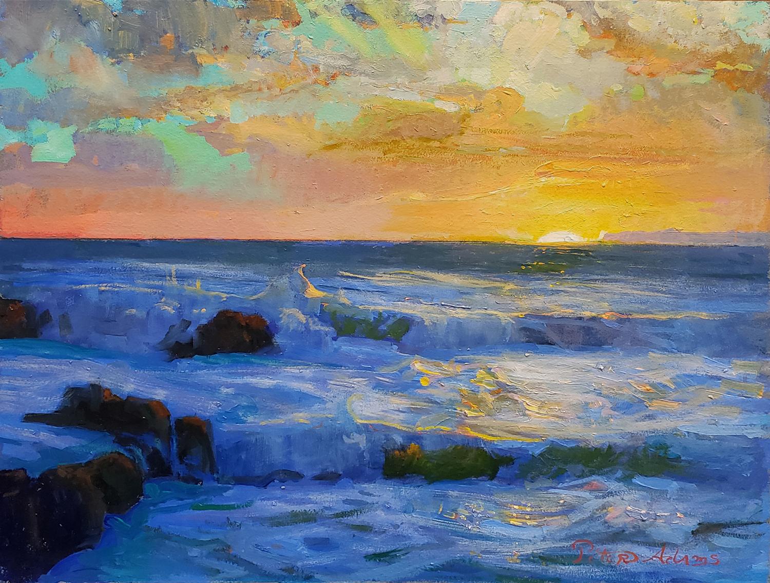 Churning Surf at Sunset, Golden Cove; Rancho Palos Verdes - Painting by Peter Adams
