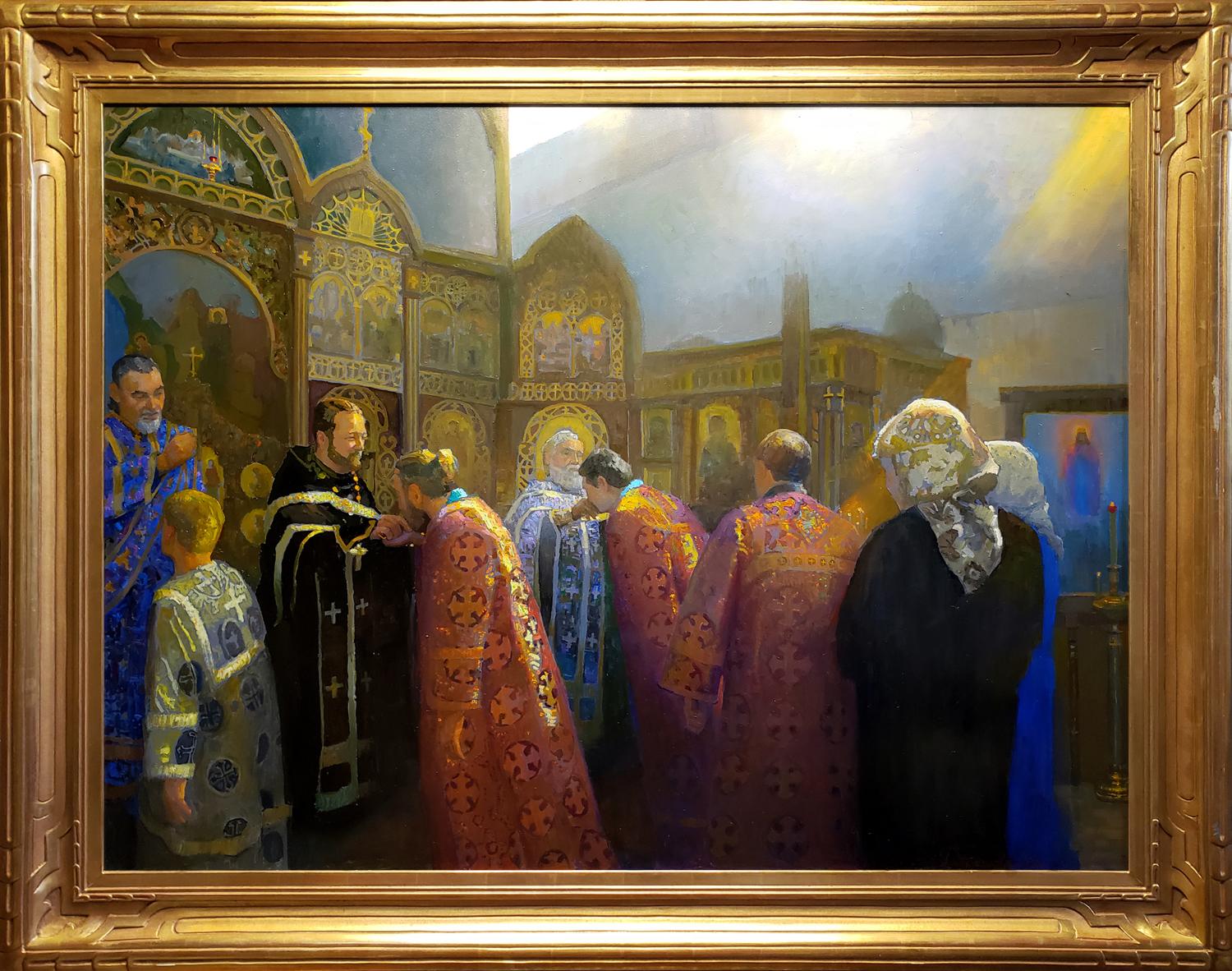 Peter Adams Figurative Painting - Forgiveness Sunday, Protection of the Holy Virgin Russian Orthodox Church; Holly