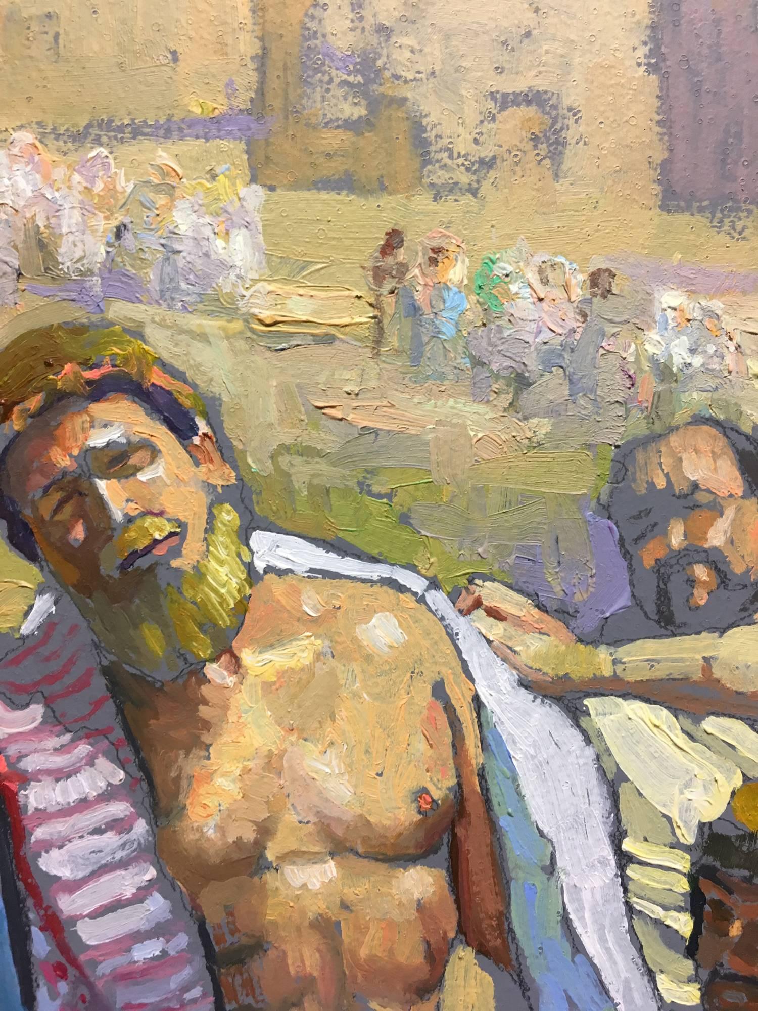 Descrizione
Questo dipinto è uno studio preliminare per la rappresentazione di Adams della Stazione 10, la cui versione finale è  installato nella Chiesa del Nostro Salvatore presso il Caruso Catholic Center della USC.  L'artista si è ispirato ai