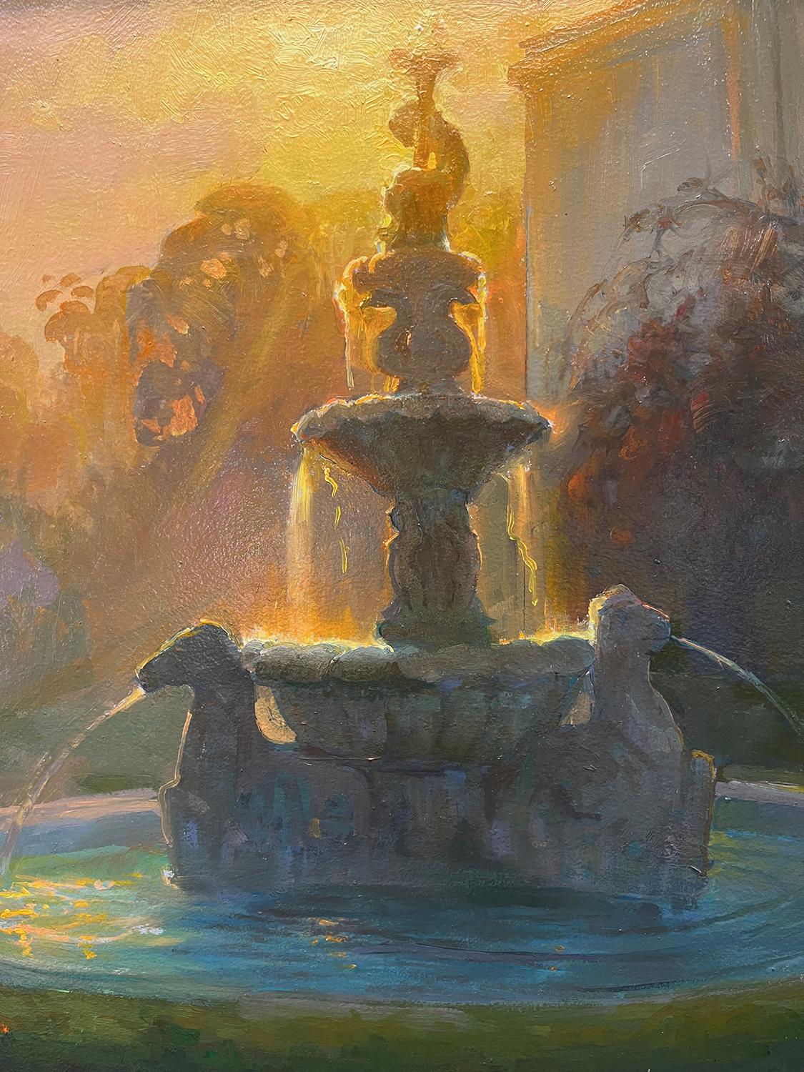Fontaine de Neptune au coucher du soleil, jardins de Huntington, San Marino - Gris Landscape Painting par Peter Adams