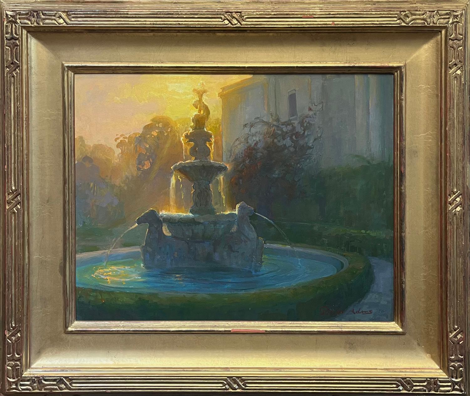 Landscape Painting Peter Adams - Fontaine de Neptune au coucher du soleil, jardins de Huntington, San Marino