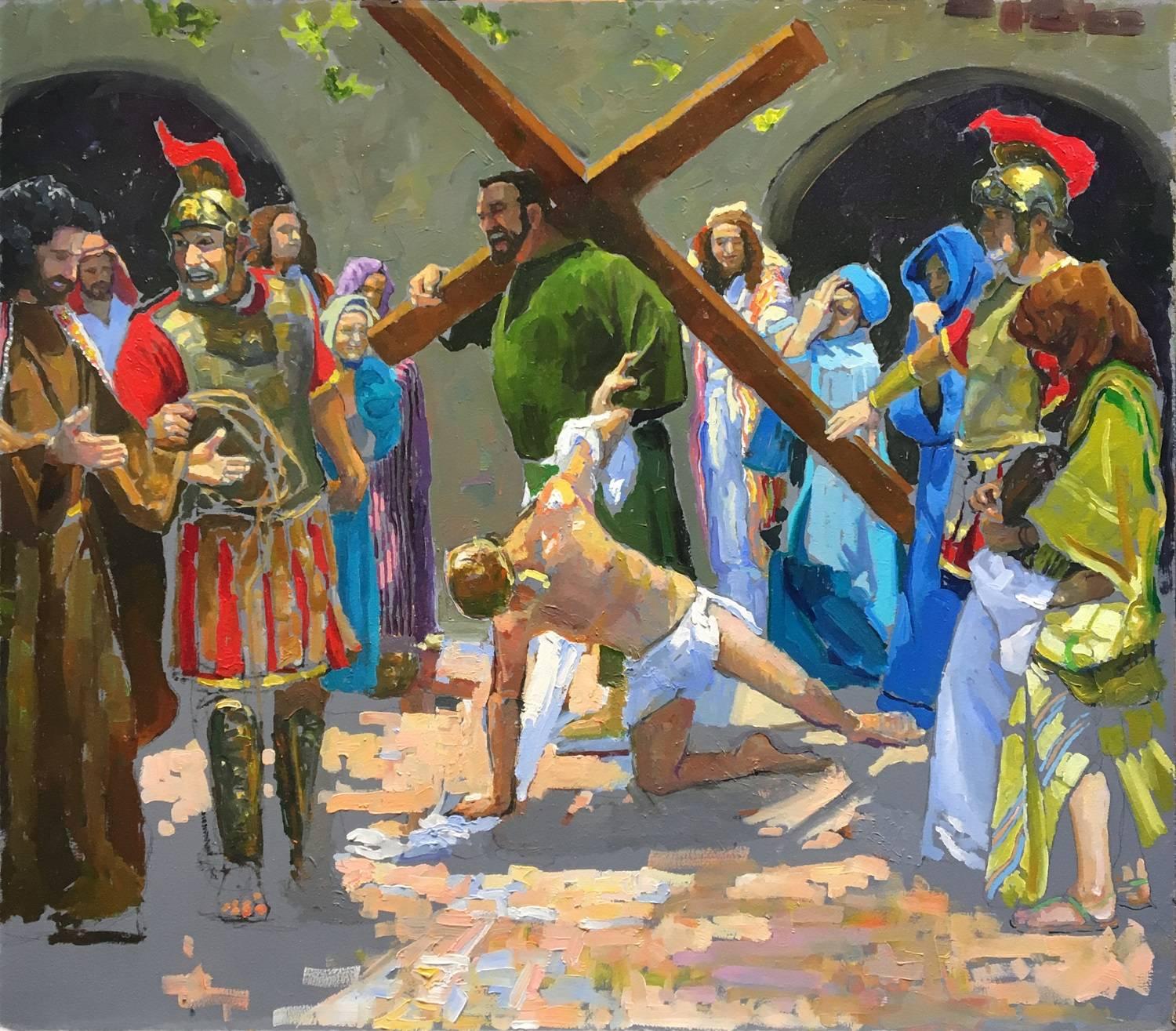Study for the 7th Station; Jesus Falls the Second Time - Painting by Peter Adams