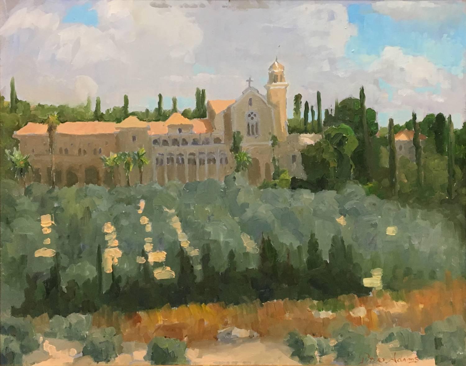 Trappist Monastery in Latrun; Overlooking the Road to Jerusalem - Painting by Peter Adams