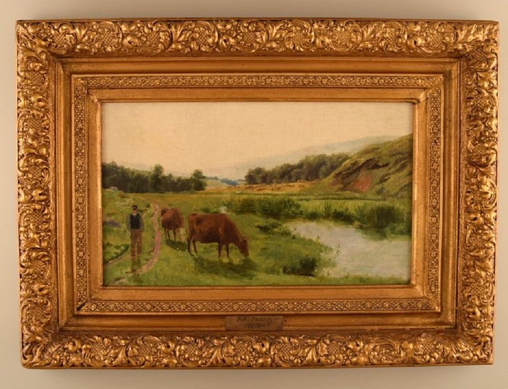Peter Adolf Persson (1862-1914). Swedish painter. Oil on canvas. 
Grazing cows by a river bank. 
Ca. 1900.
The canvas measures: 36 x 21 cm.
The frame measures: 10 cm.
In excellent condition.
Canvas relined by a professional conservator.