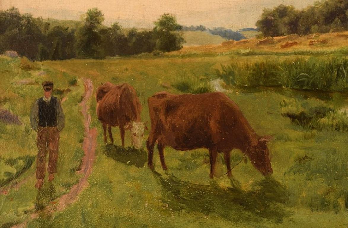 Peter Adolf Persson Swedish Painter, Oil on Canvas, Grazing Cows In Excellent Condition In Copenhagen, DK