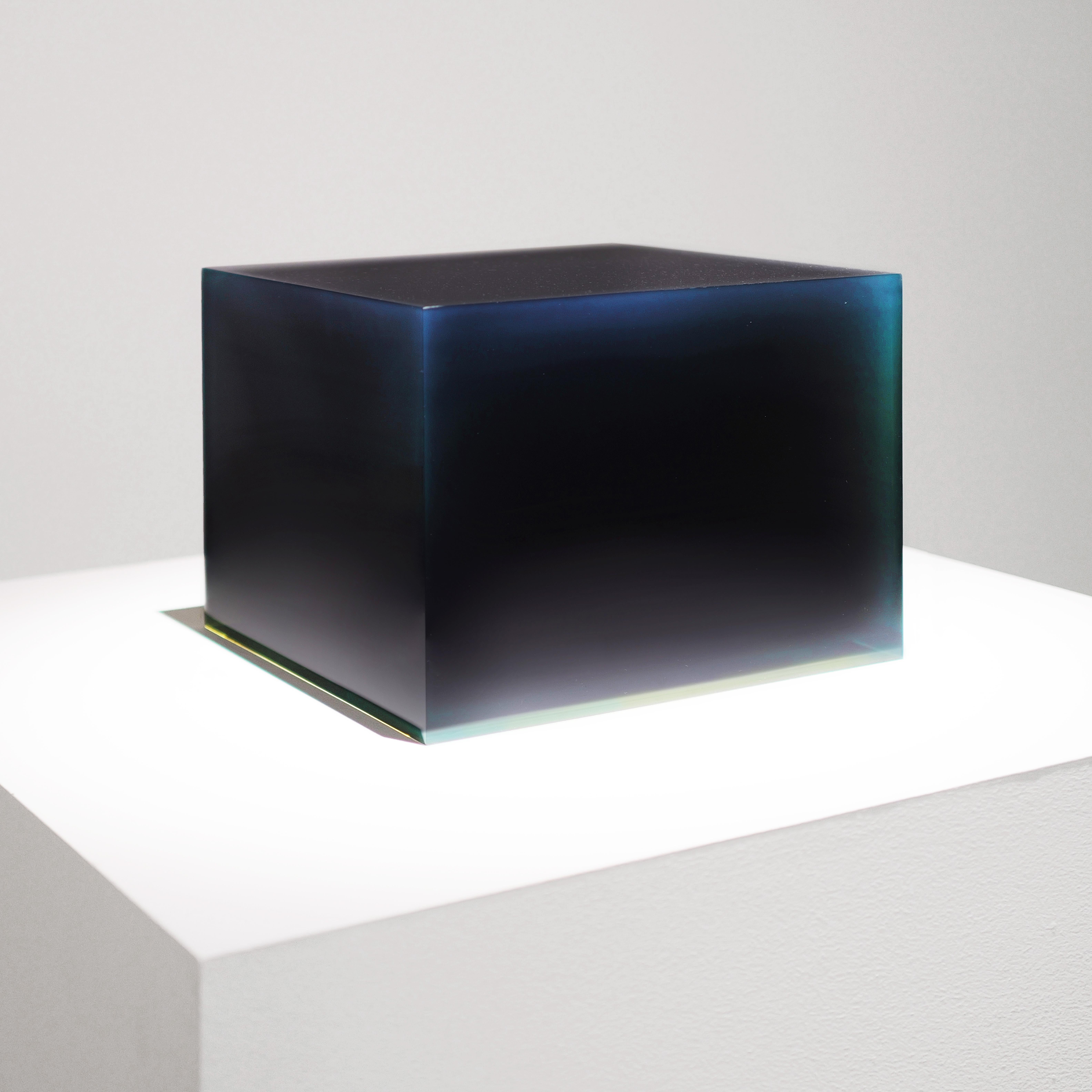 Untitled (Black Polyester Resin Cube with Blue Green Rim), 1971