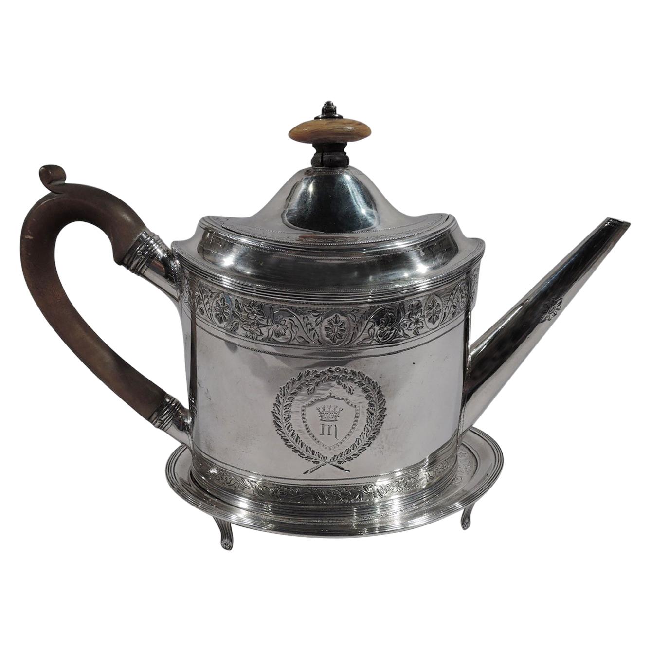 Peter and Ann Bateman Neoclassical Sterling Silver Teapot on Stand