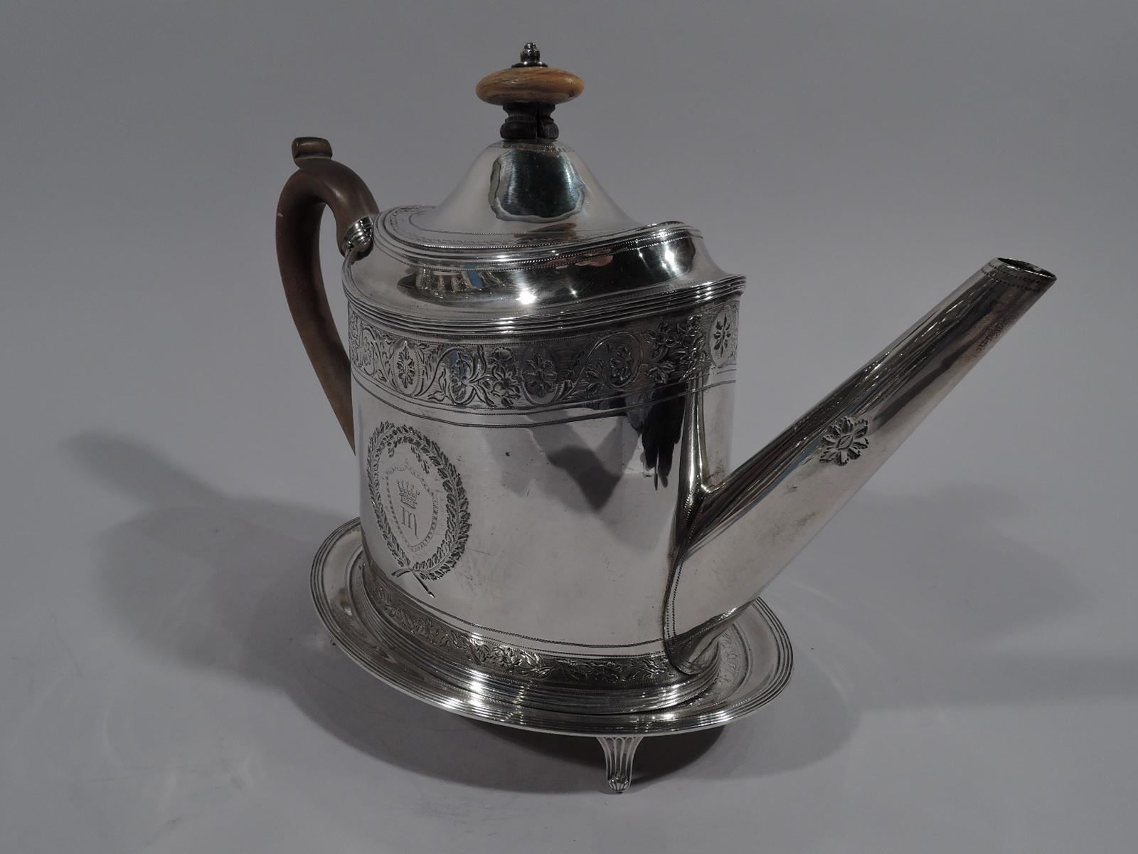 English Peter and Ann Bateman Neoclassical Sterling Silver Teapot on Stand